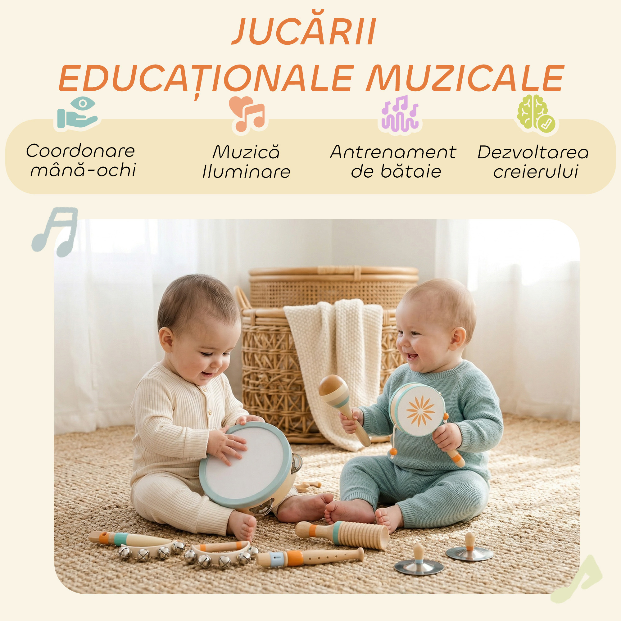  Instrumente Muzicale pentru Copii, Jucarii Muzicale Montessori din Lemn pentru Copii 3+, Set de Percutie cu Tamburina si Maracas, Cadou pentru Fete si Baieti [4]
