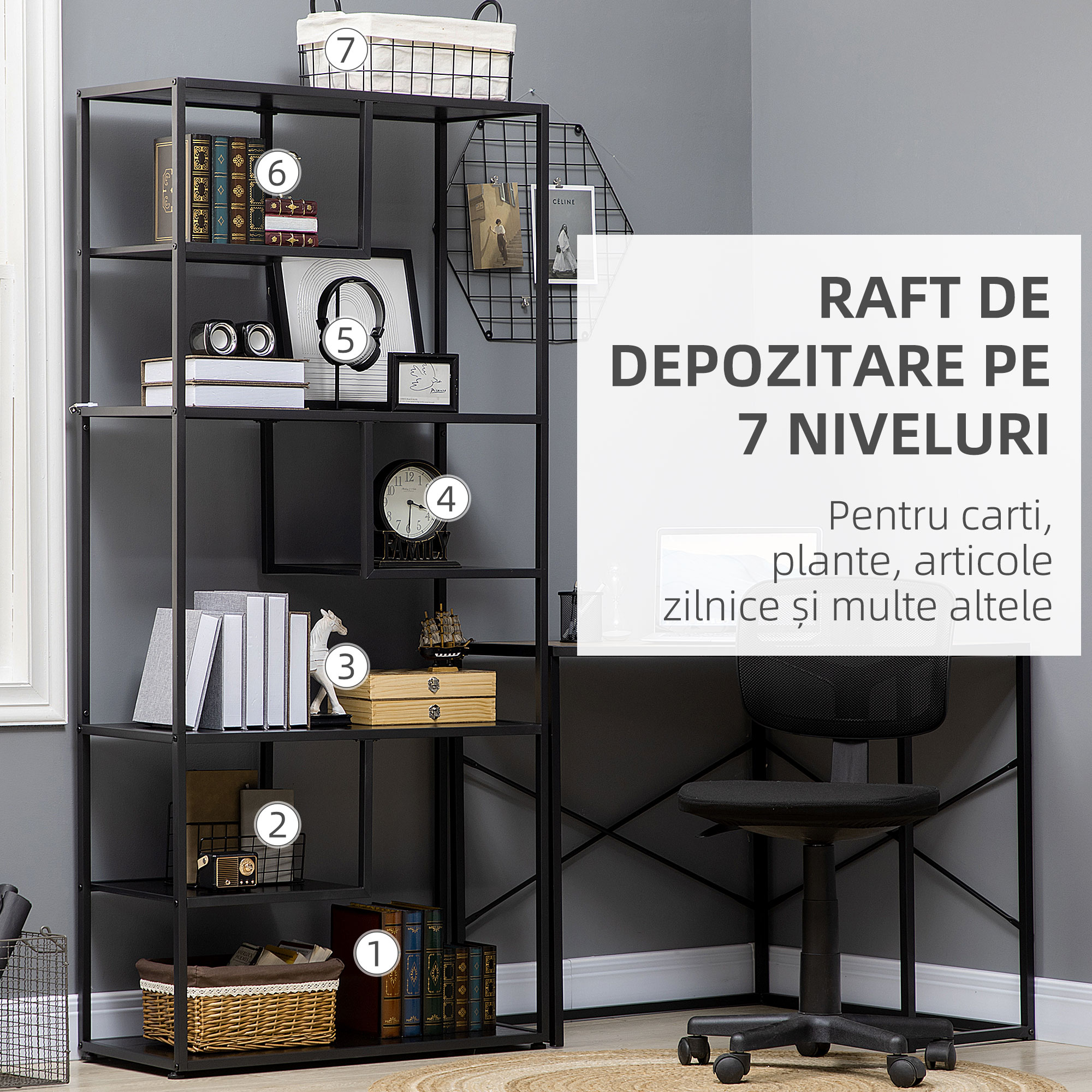  Biblioteca cu 7 nivele din PAL si otel pentru sufragerie, dormitor si birou, 83x34x180 cm, negru [3]