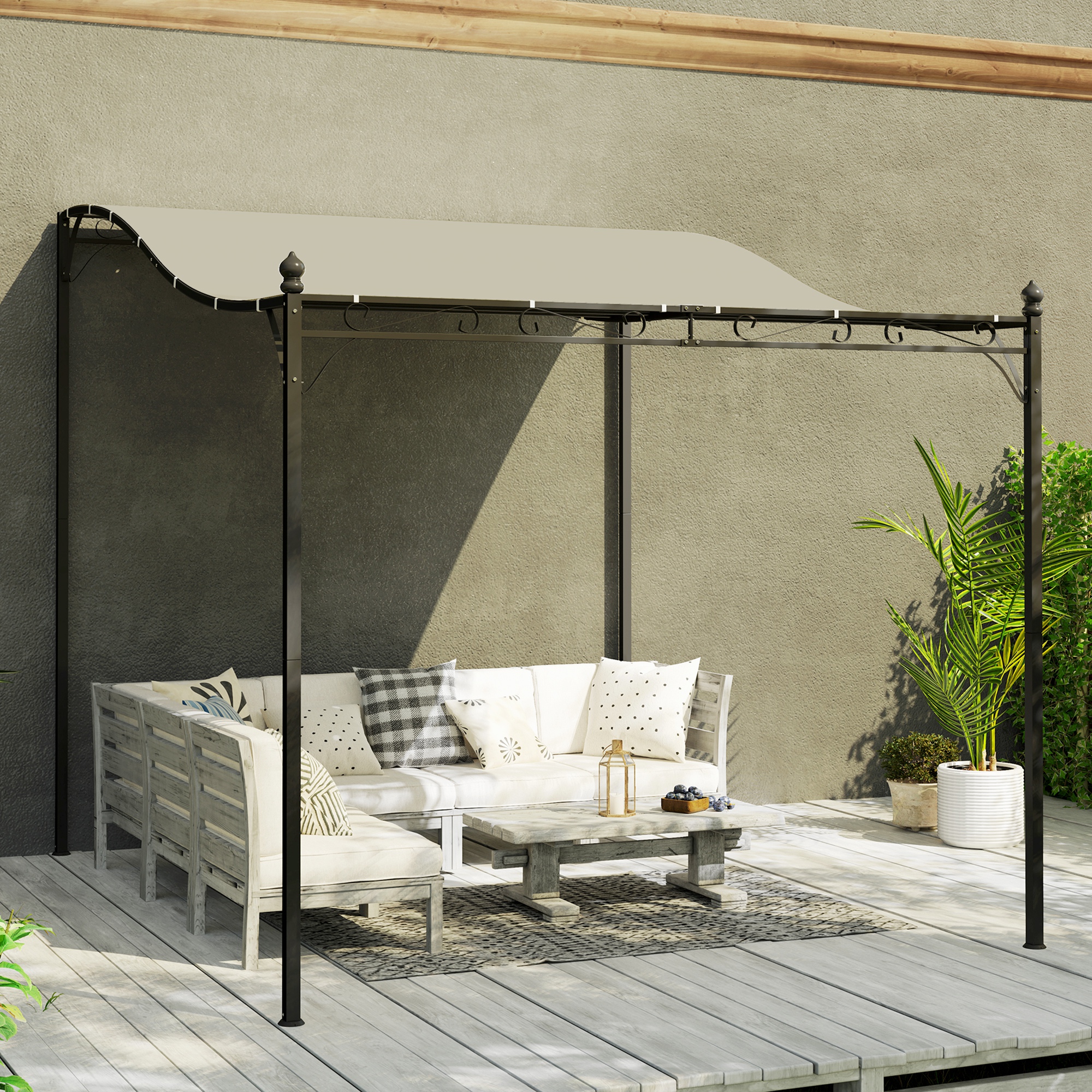 Pergola  Adosata Curbata cu 16 Orificii de Drenaj, din Metal si Poliester, 248x298x200/250 cm, Crem [7]