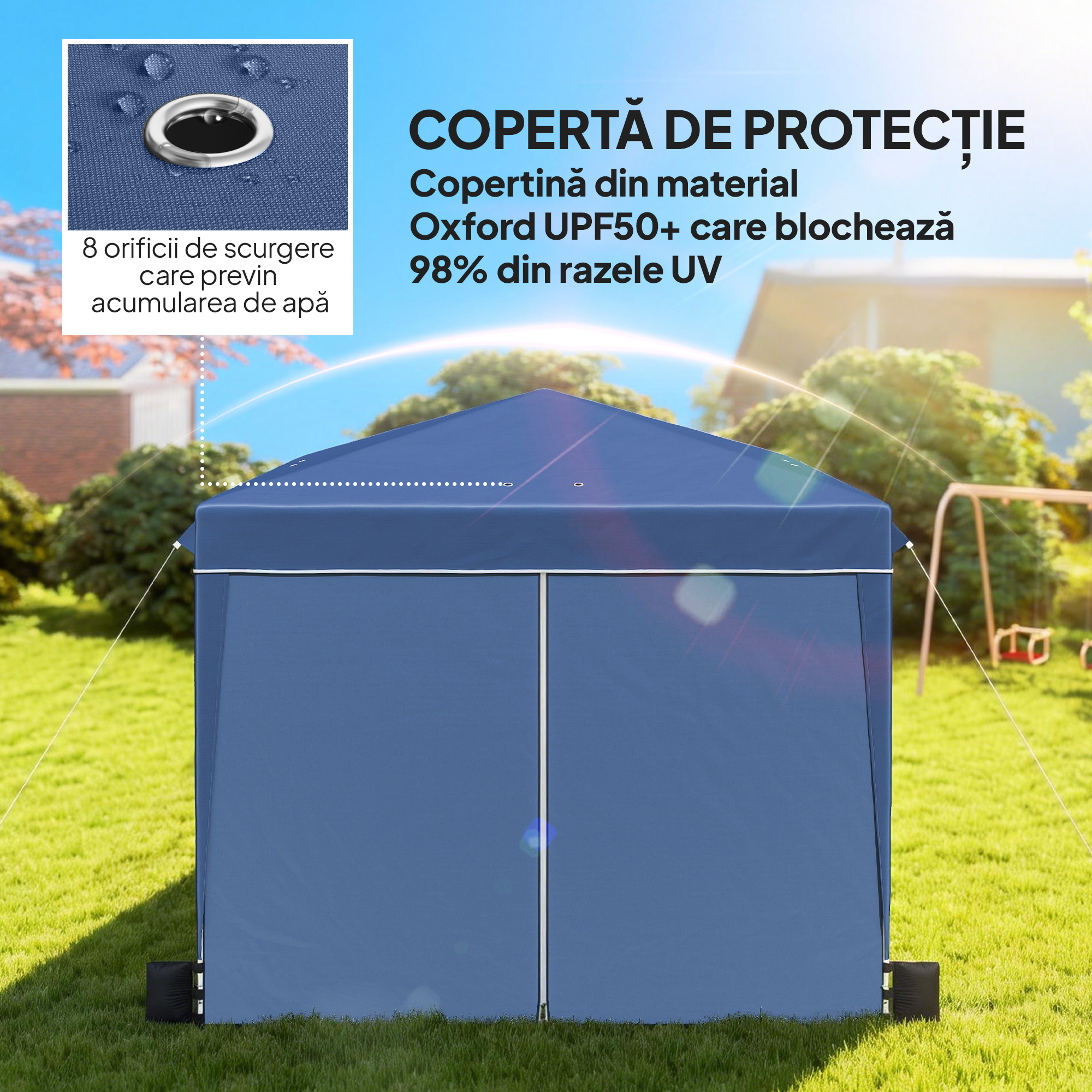  Foisor 3x3 m Pliabil Pop Up cu inaltime Reglabila, Foisor de Gradina cu Pereti Laterali, Saci de Nisip, Geanta de Transport, UV50+, pentru Exterior, Camping, Petreceri, Albastru inchis [3]