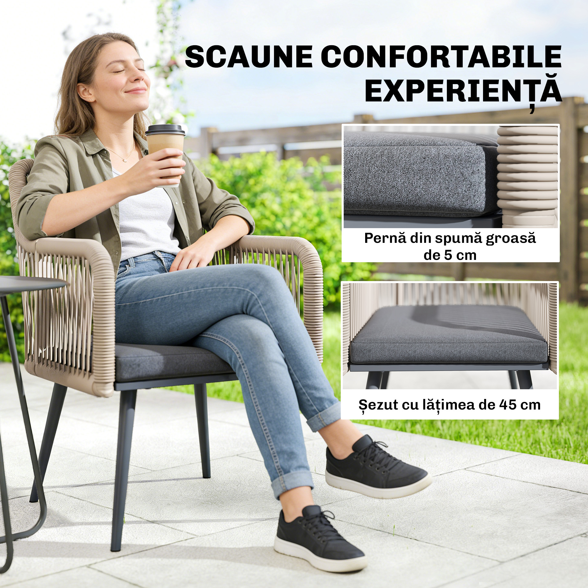  Set 2 Scaune de Gradina din Ratan PE cu Perne Moi Lavabile si Brate, Scaune pentru Dining Exterior din Otel, pentru Terasa, Balcon, Gradina, Exterior, 54x65x80cm, Gri inchis [5]