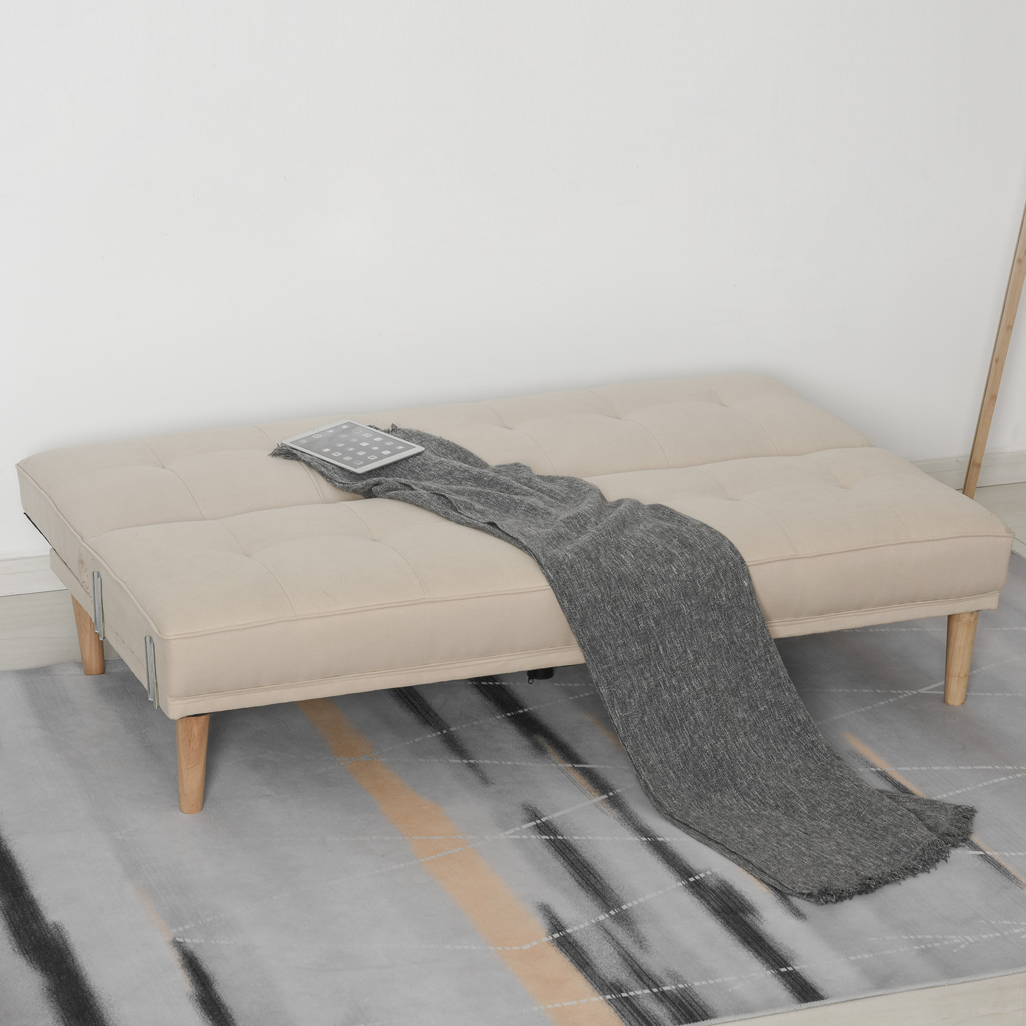  Canapea Extensibila 2-in-1, 3 Locuri, Material Din In si 2 Perne Detasabile, Bej [1]