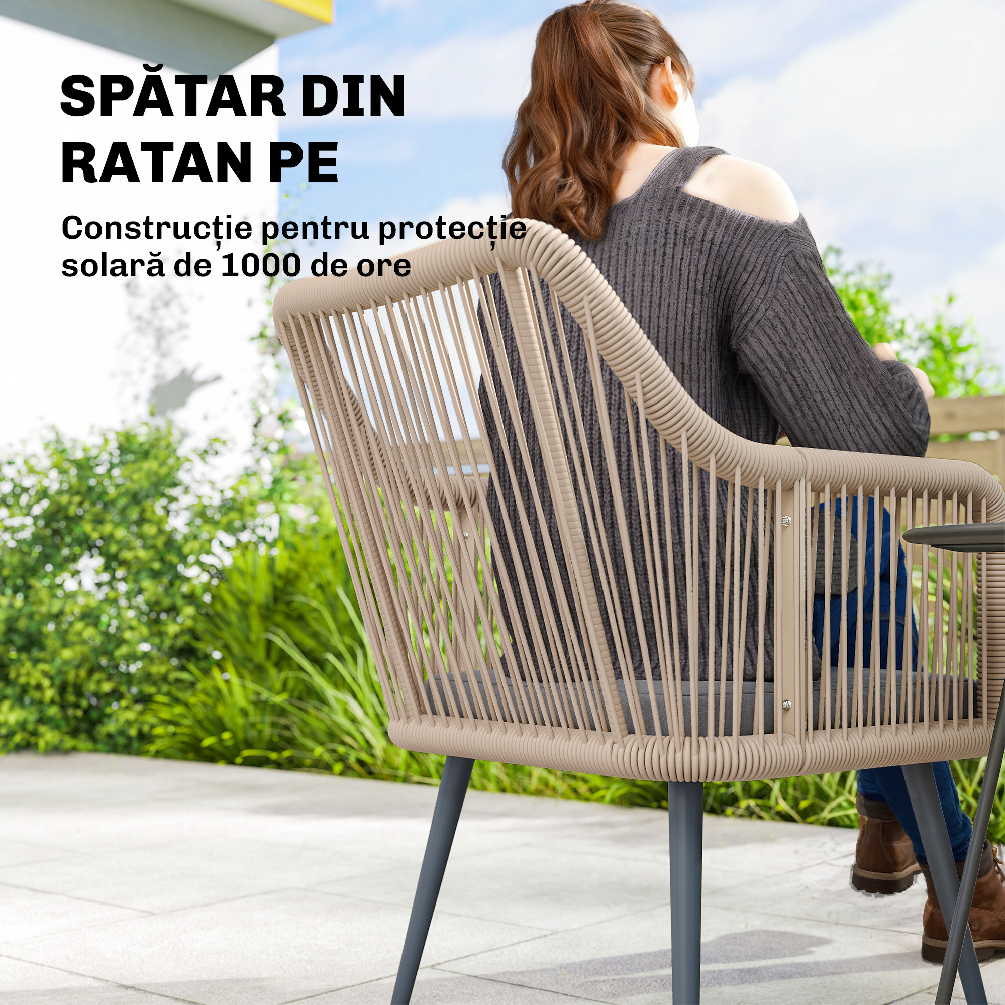  Set 2 Scaune de Gradina din Ratan PE cu Perne Moi Lavabile si Brate, Scaune pentru Dining Exterior din Otel, pentru Terasa, Balcon, Gradina, Exterior, 54x65x80cm, Gri inchis [3]