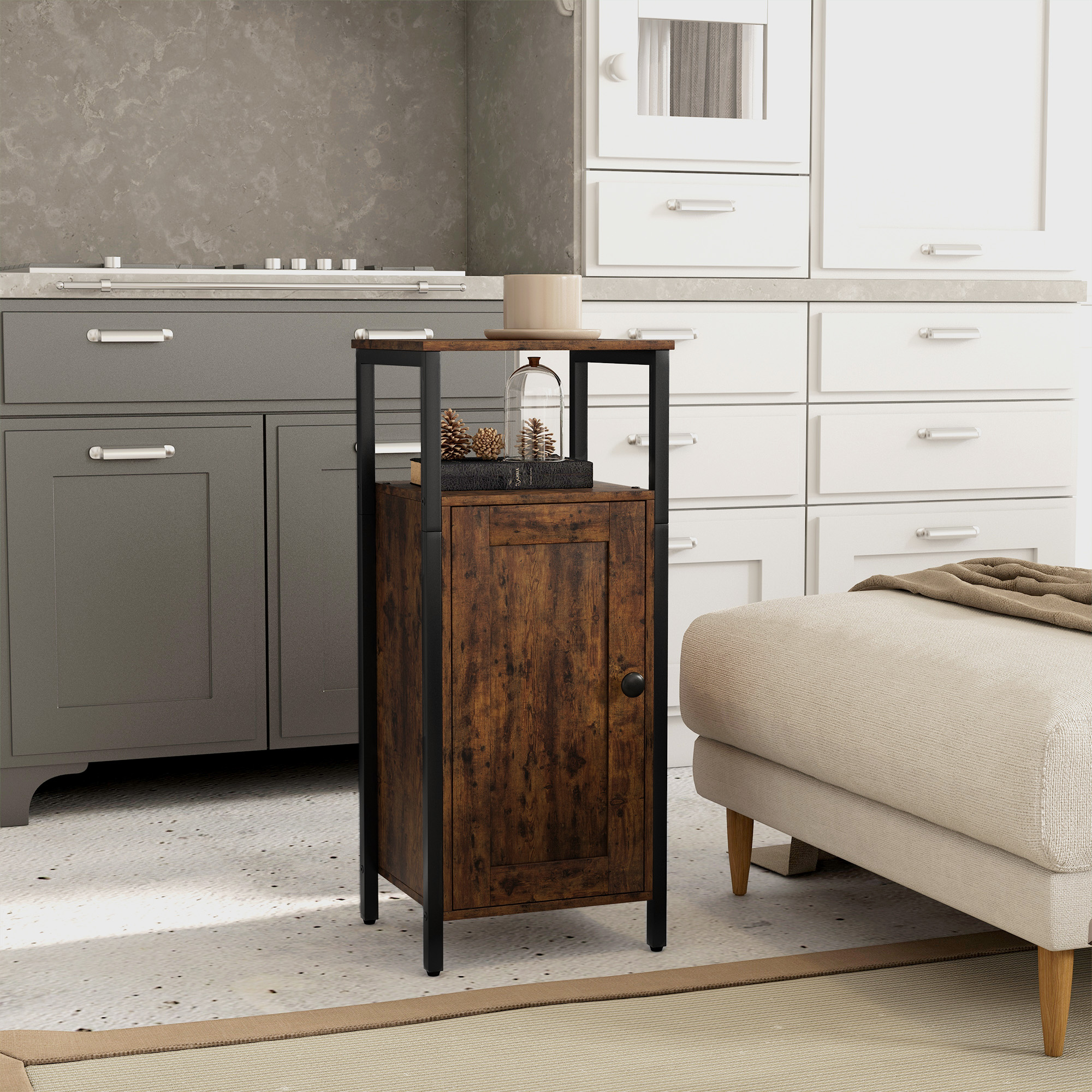  Noptiera in Stil Industrial cu 2 Rafturi Deschise si Raft Interior Reglabil pe 3 Nivele, 34x30x80 cm, Maro Rustic [1]