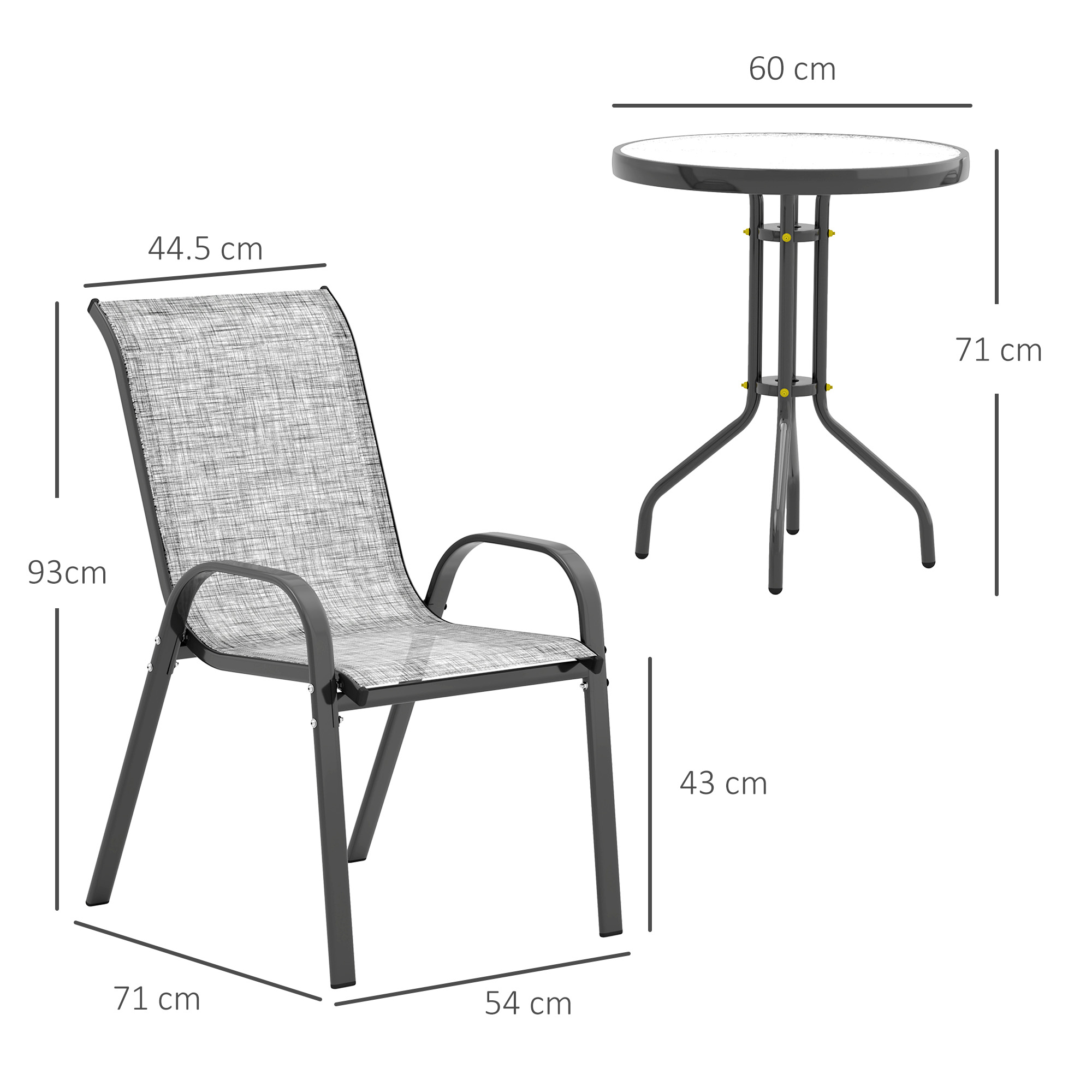  Set Mobilier de Gradina din 3 Piese cu Scaune Suprapozabile si Masa din Sticla, 54x71x93 cm, Gri inchis [2]