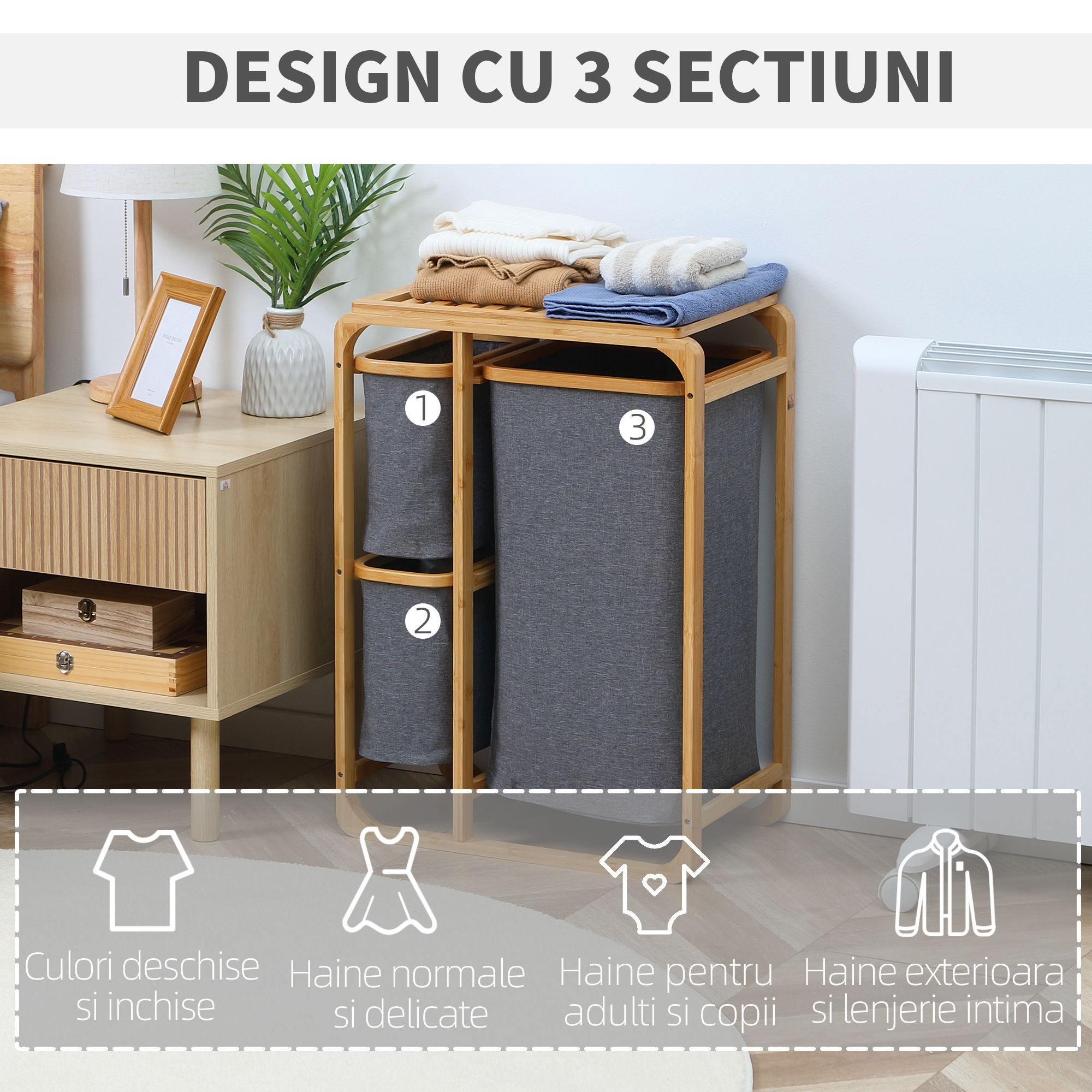  Cos de rufe din bambus , cos de rufe cu 3 pungi glisante din material textil si raft deschis, cos de spalat cu 3 sectiuni, economiseste spatiu, natural [5]