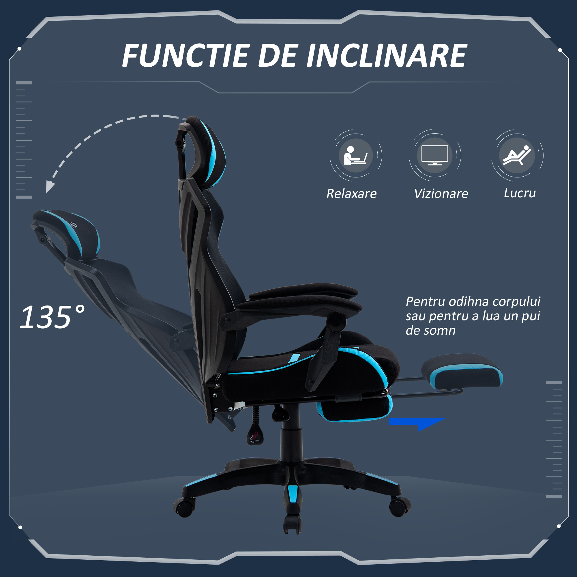  Scaun Gaming Ergonomic 65×65×119-129 cm Negru/Albastru [4]