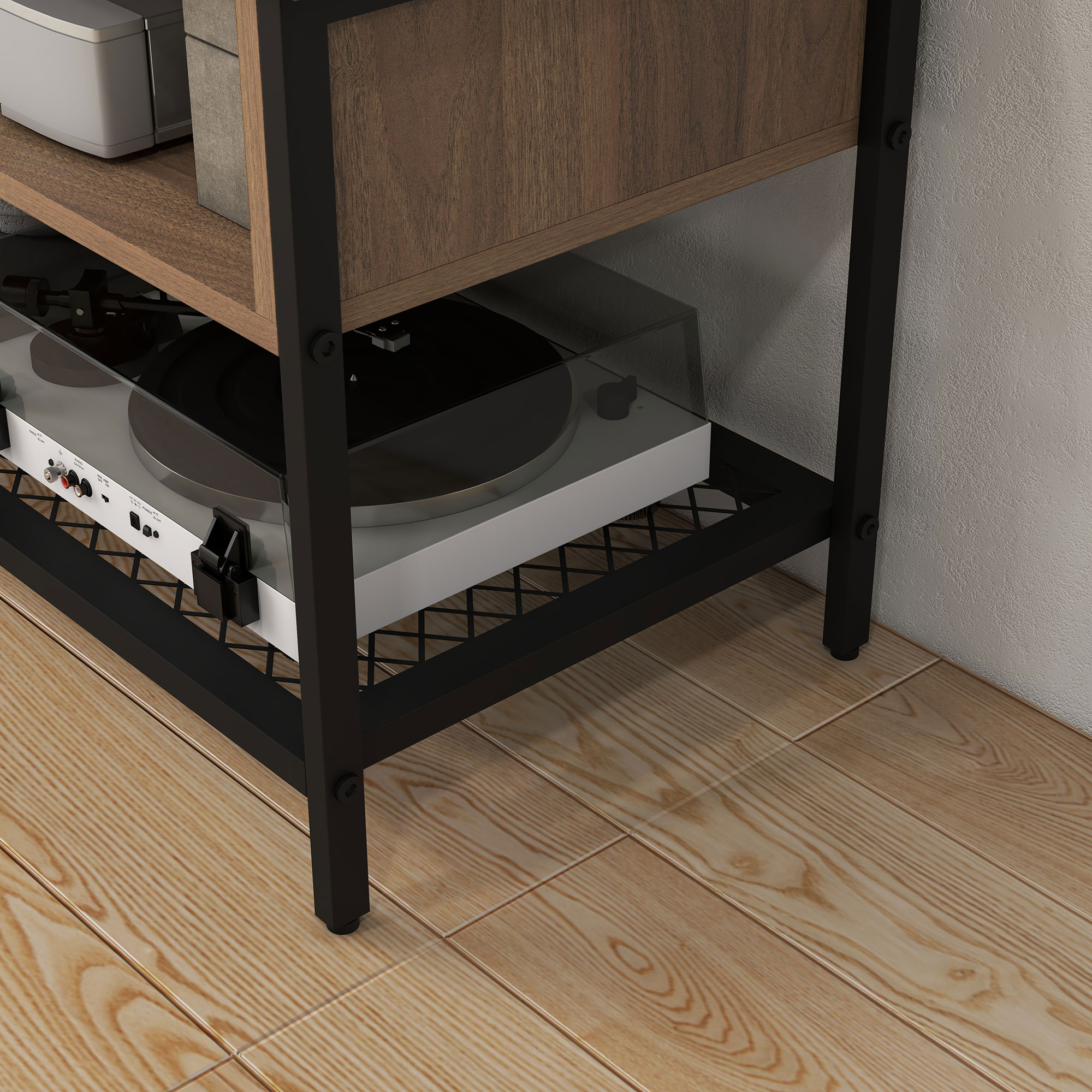  Dulap SuportTV pana la 48" in Stil Industrial, Mobiler Jos cu Rafturi din Lemn si Otel, 110x40x48cm, Maro si Negru [8]