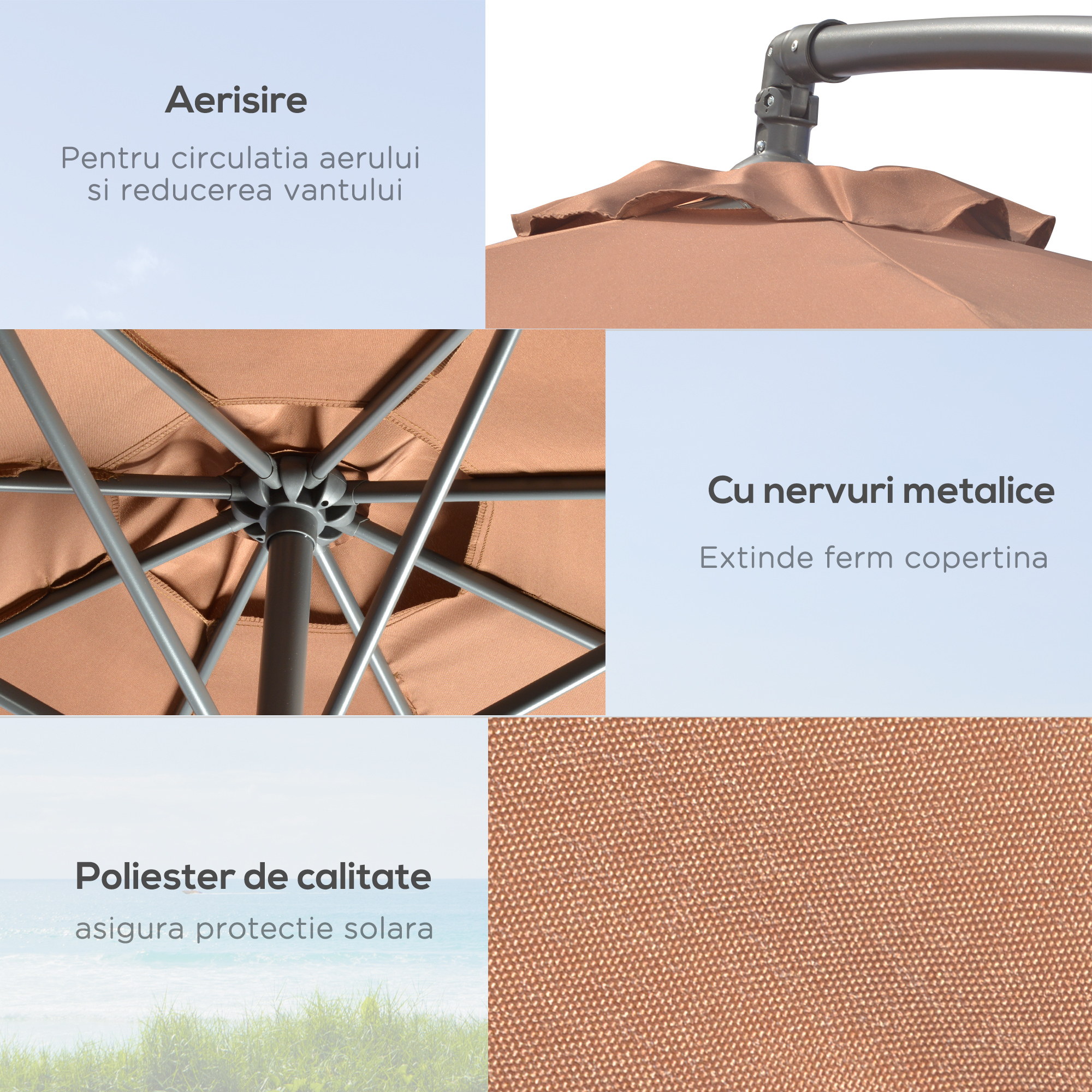  Umbrela Suspendata cu Baza in Cruce, Greutaţi, Manivela si Protecţie UV, Ø3x2.5 m, Cafeniu [5]