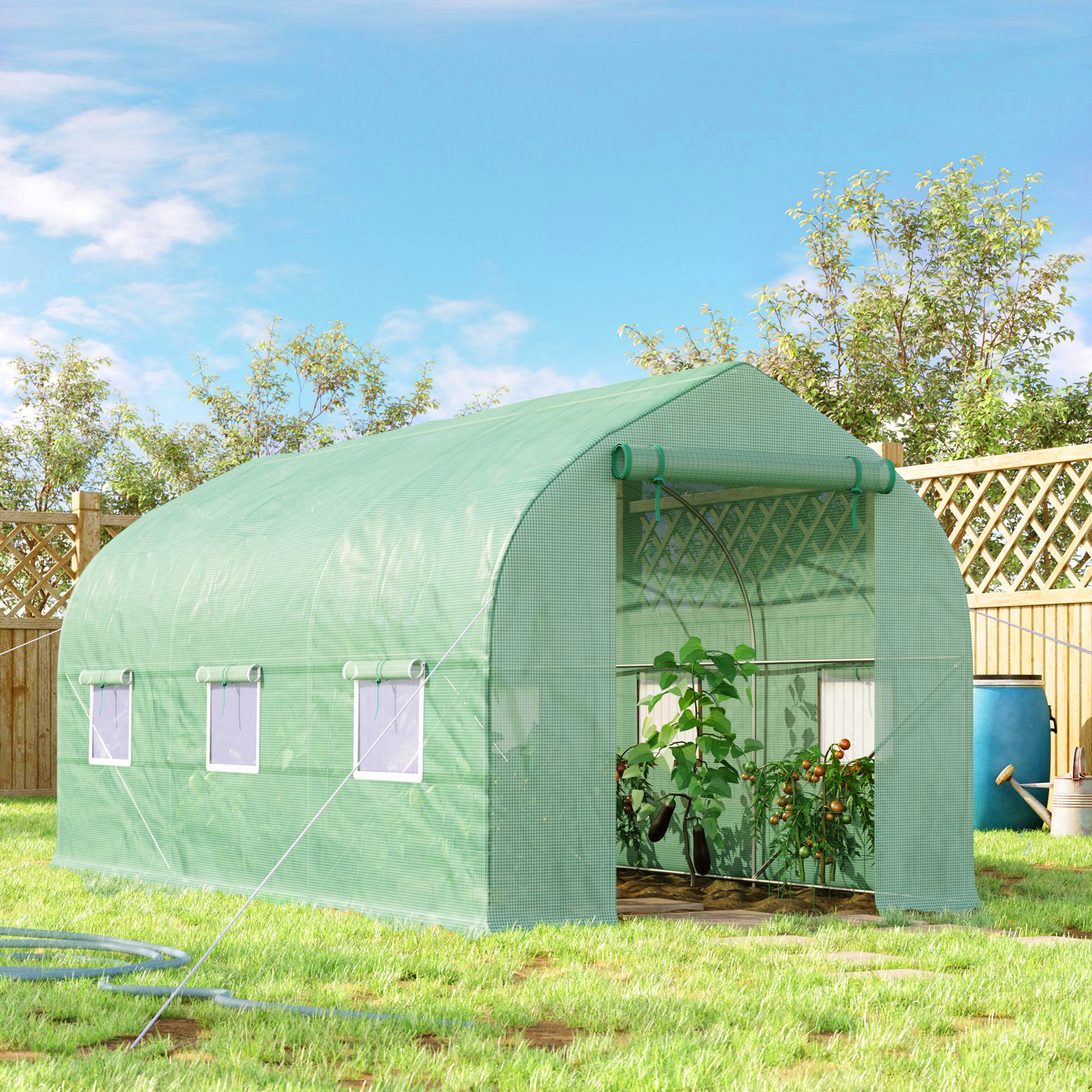  Sera Tip Tunel Anti-UV cu 6 Ferestre cu Plasa si Intrare Rulabila, din Metal si PE, 4x2x2 m, Verde [1]