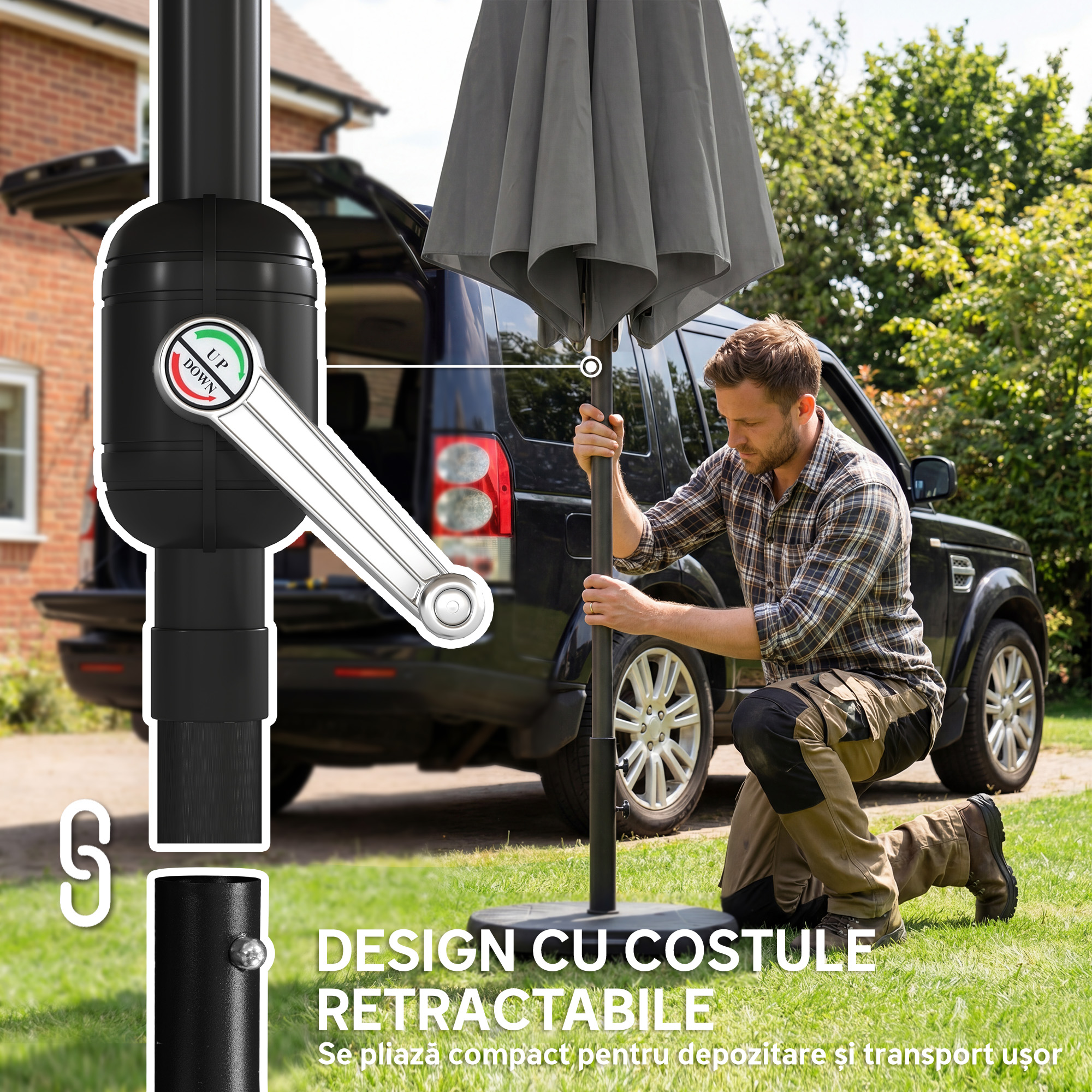  Umbrela de Soare Rotunda Inclinabila 3x3 m cu Manivela, din Metal si Poliester, Gri inchis [8]