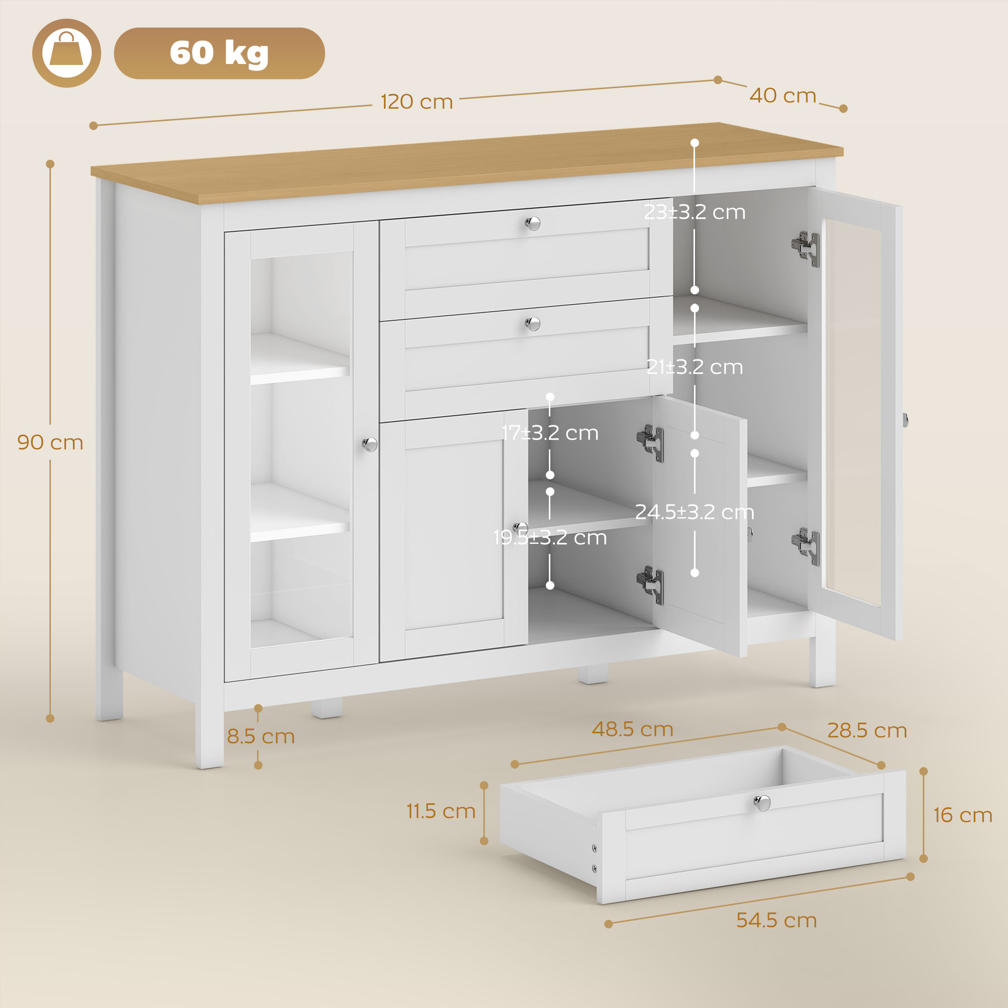  Comoda de Bucatarie cu Sertare, Dulapuri si Usi din Sticla Alb si Stejar [2]