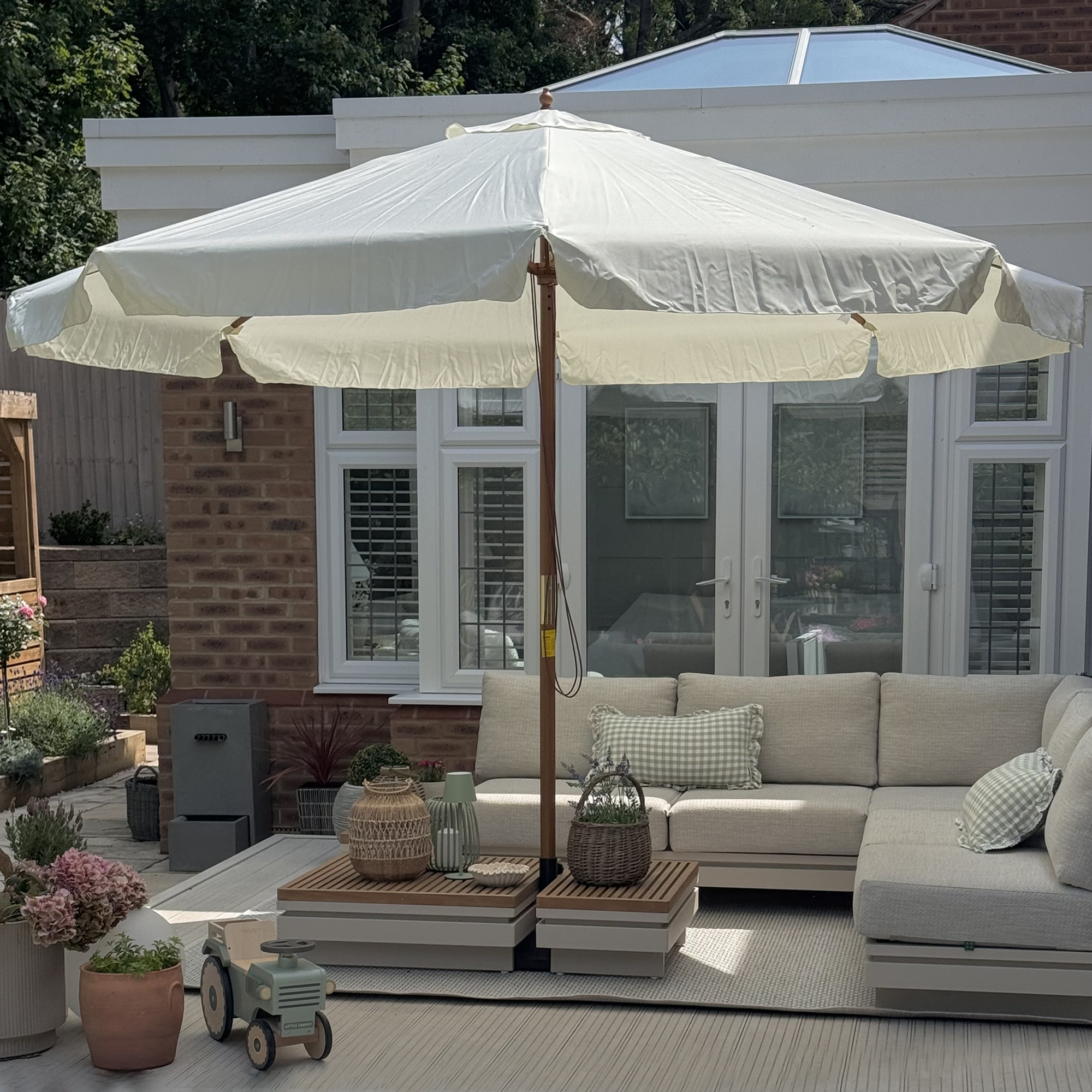  Umbrela de gradina cu acoperis dublu, din lemn de bambus si poliester, Ø325x250 cm, crem [8]