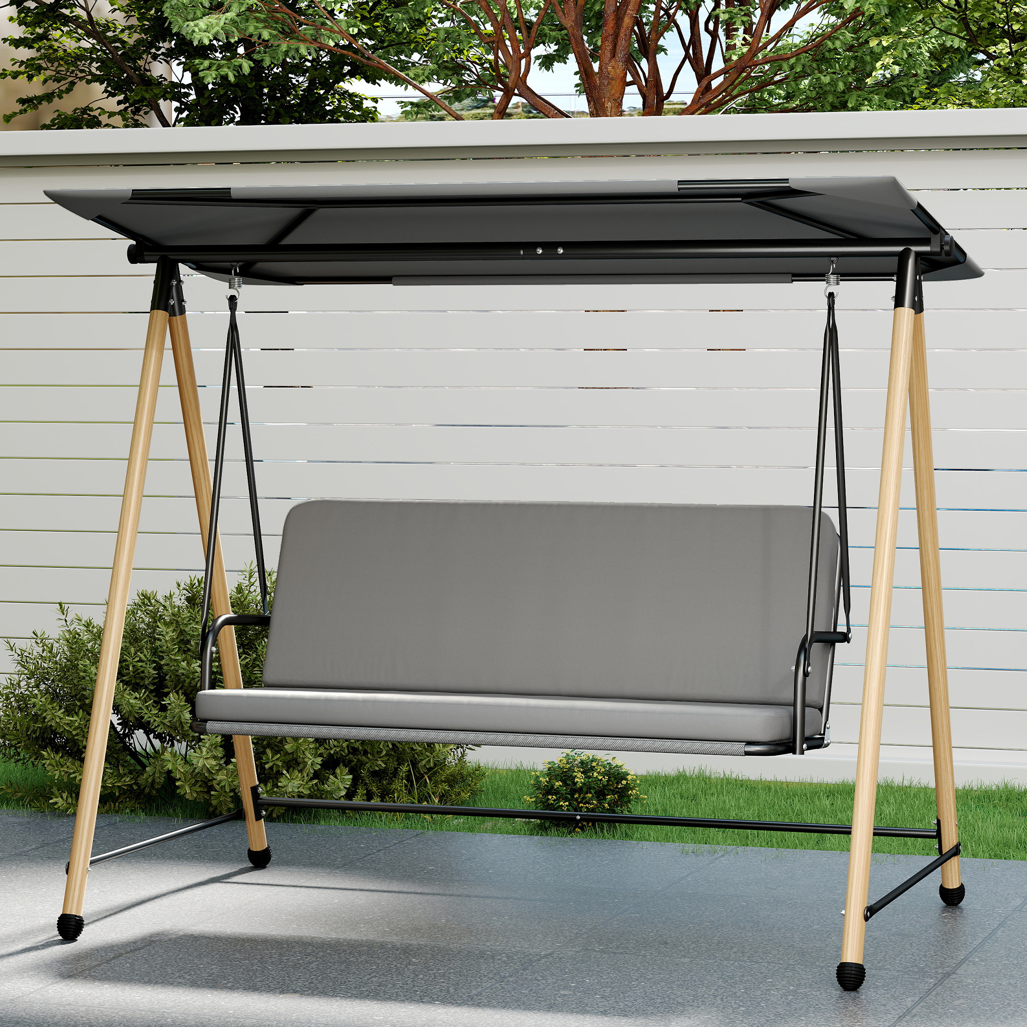  Balansoar de Gradina cu 3 Locuri, cu Copertina Reglabila Impermeabila si Perna Detasabila, Capacitate Maxima 360 kg, 208 x 125 x 180 cm, Gri [8]