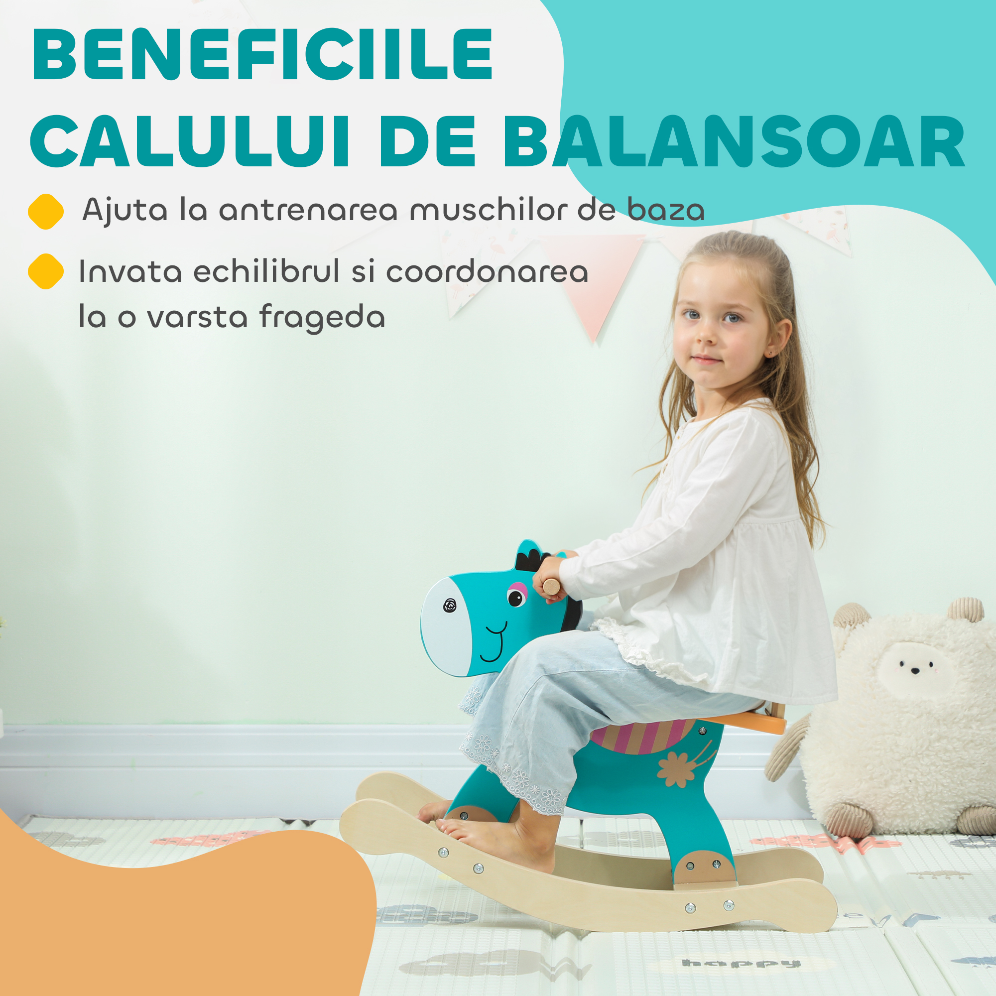  Cal de Lemn in Forma de Magar pentru Copii cu Baza Larga, din Lemn, 59x27x43 cm, Verde inchis si Portocaliu [3]