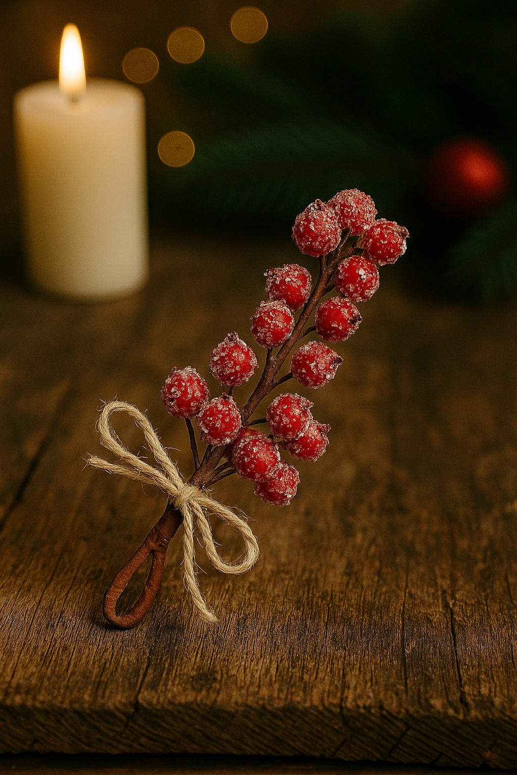 Ramura decorativa cu boabe de merisoare artificiale si snur din iuta, 15x5,5 cm, rosu [10]