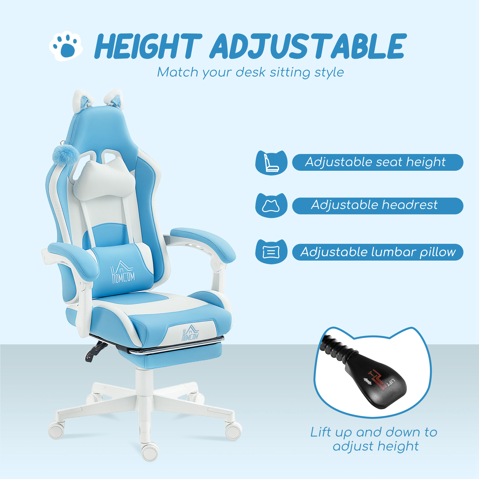  Scaun de gaming reclinabil cu suport pentru picioare si perne, 65x62x124 cm, alb si albastru [4]