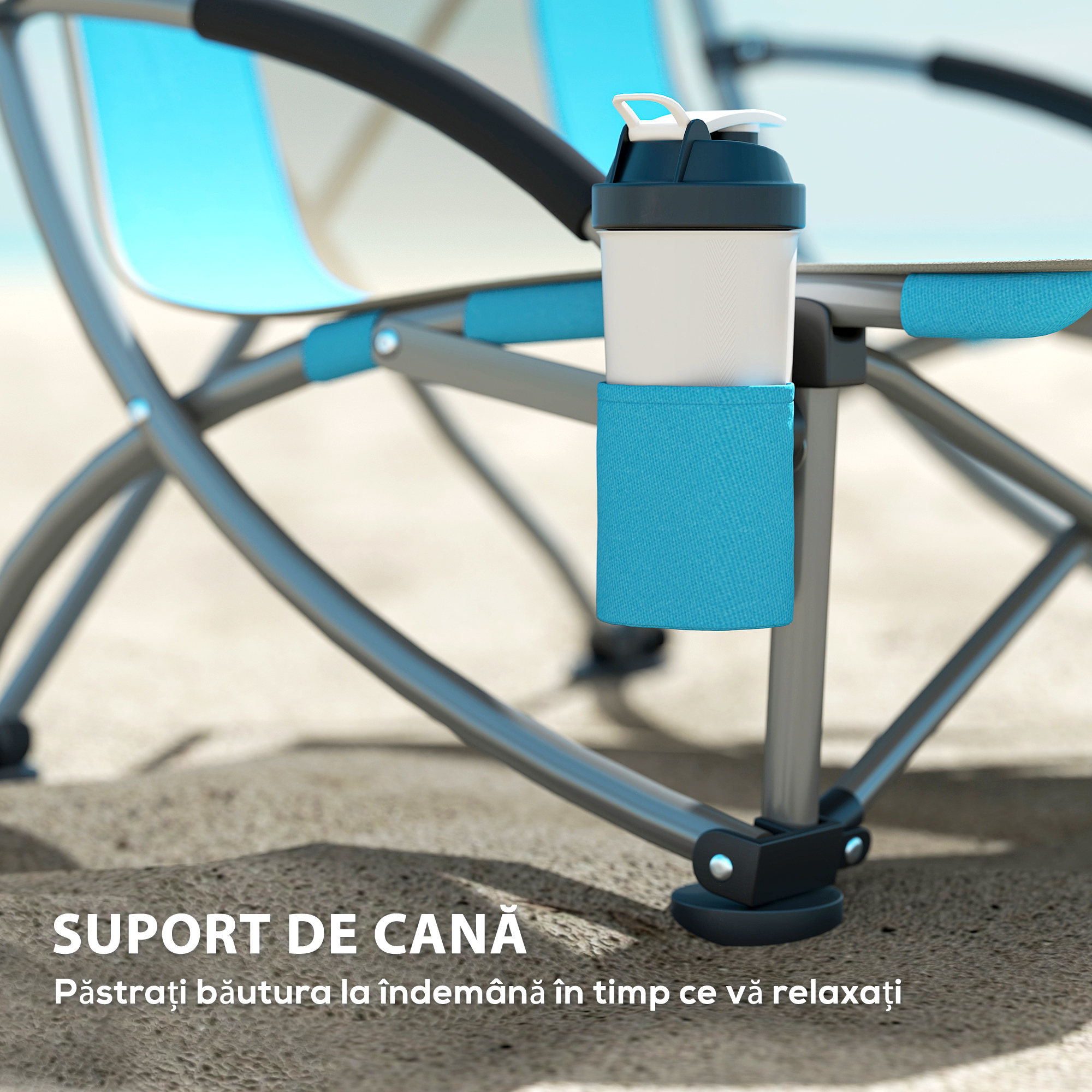  Set de 2 Scaune Pliabile de Plaja cu Brate si Suport de Pahar si Geanta de Transport, Albastru [5]
