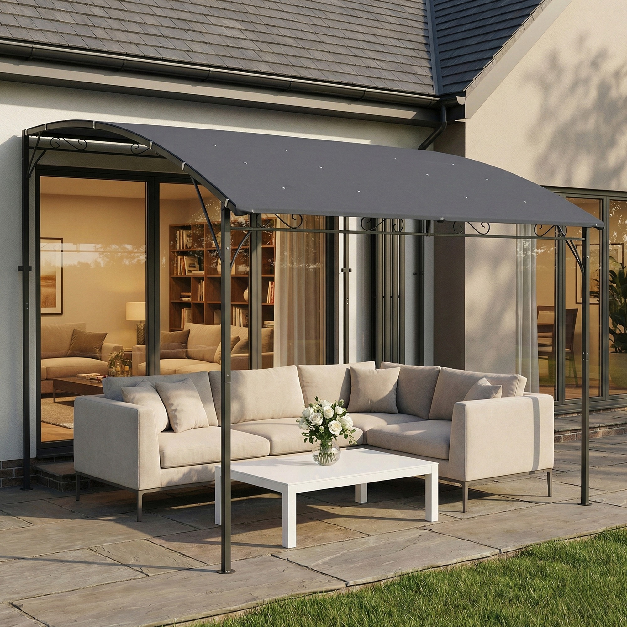  Pergola Gazebo 3.8x2.8m cu 16 Gauri de Drenaj, Pergola din Metal si Poliester 180g/m² cu suruburi, pentru Exterior, Gradina, Terasa si Patio, UV 30+, Gri [8]