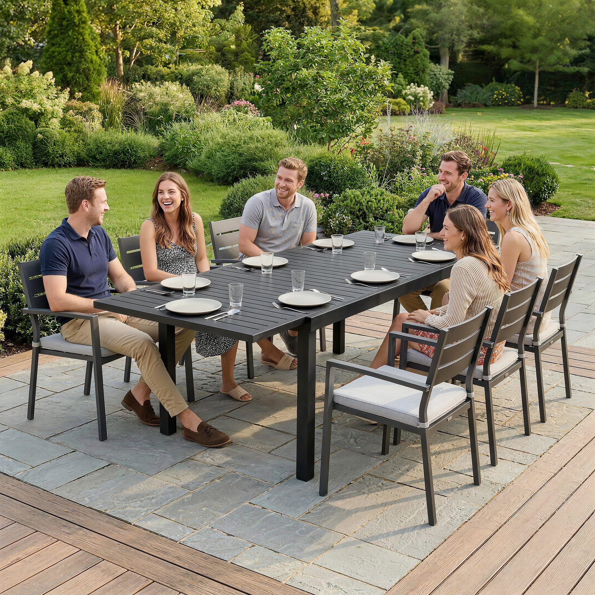  Masa de Gradina Extensibila pentru 6-8 Persoane, Aluminiu cu Blat cu Lamele, Negru [8]