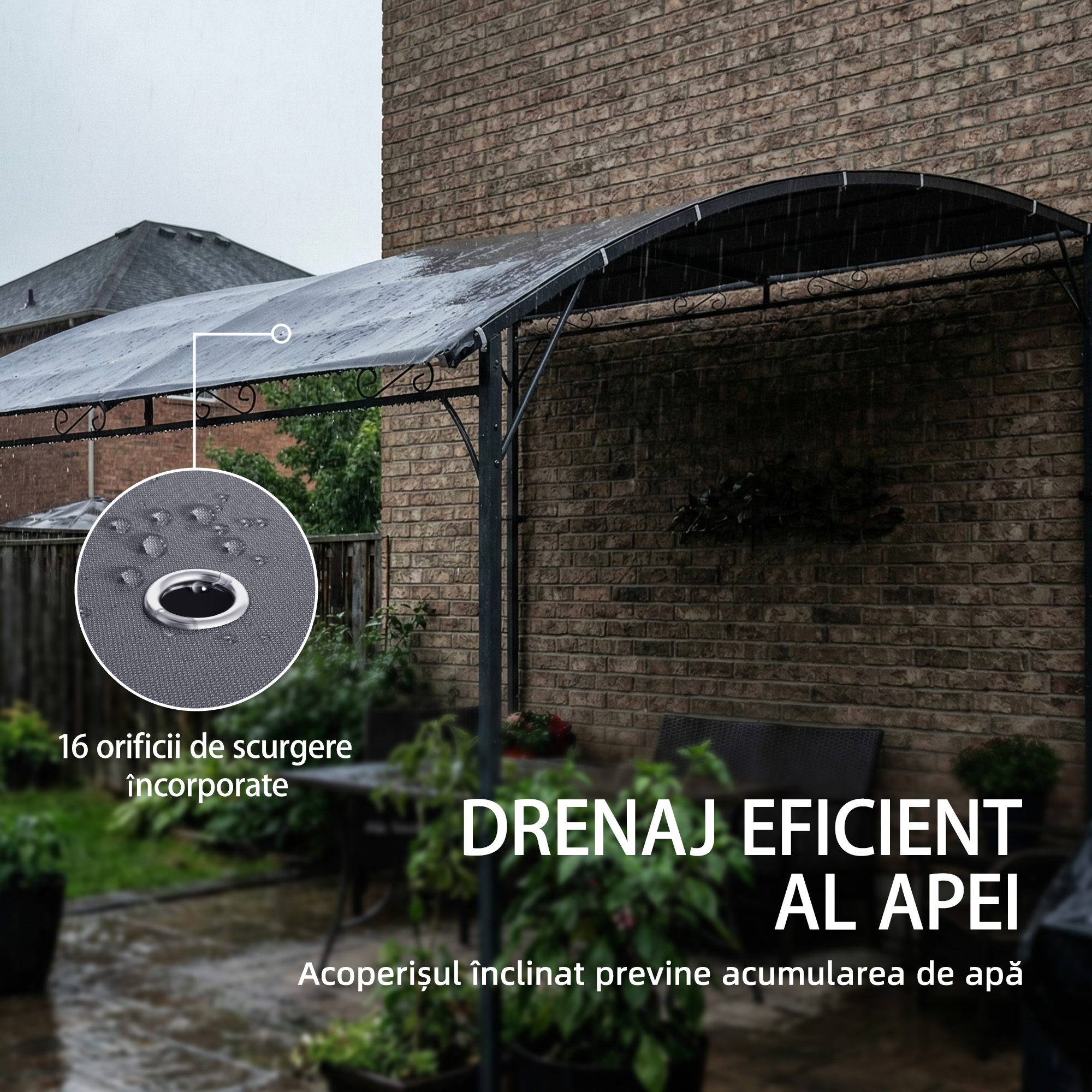  Pergola Gazebo 3.8x2.8m cu 16 Gauri de Drenaj, Pergola din Metal si Poliester 180g/m² cu suruburi, pentru Exterior, Gradina, Terasa si Patio, UV 30+, Gri [5]