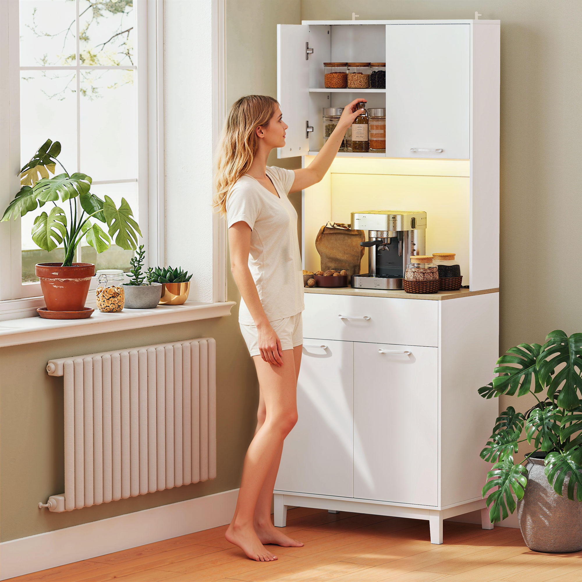  Credenta Moderna cu Lumini, Prize USB, 2 Dulapuri si Sertar Alb [7]