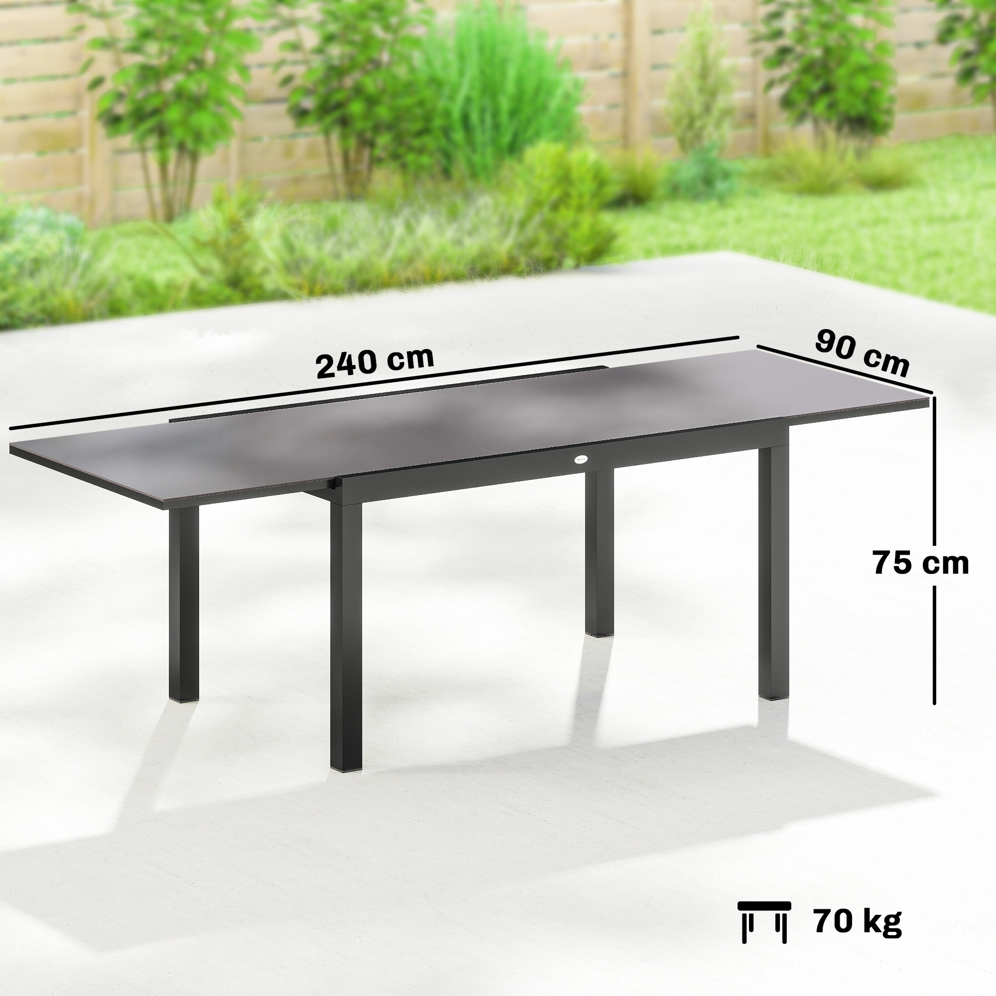  Masa de Gradina Extensibila pentru 8-10 Persoane 140/240x90 cm, Masa de Dining Extensibila cu Blat din Sticla Securizata, Masa de Exterior pentru Terasa, Balcon, Negru [2]