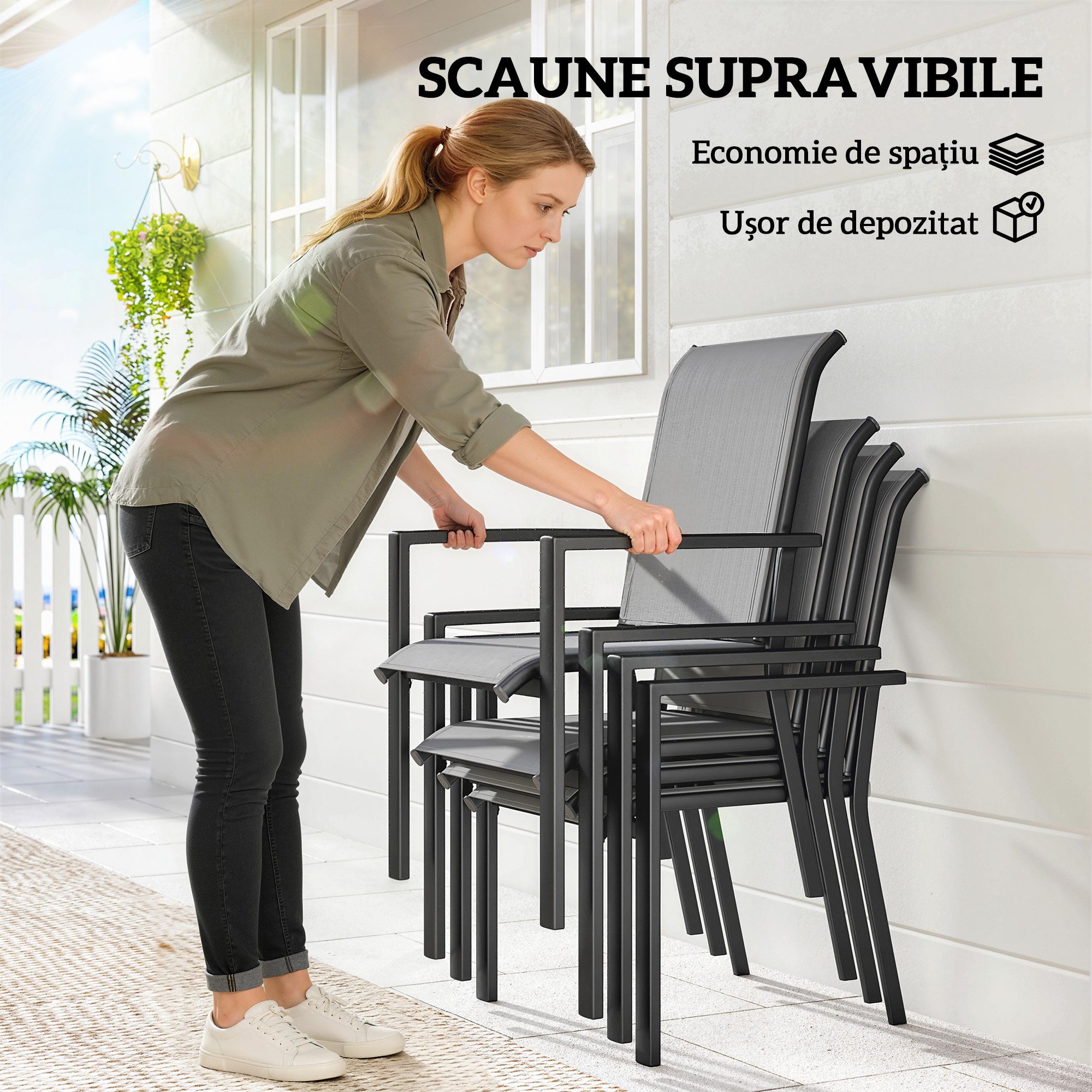  Set de Gradina 5 piese din Otel cu 4 Scaune Stivuibile si Masa cu Orificiu Central si Raft Inferior, Gri [5]