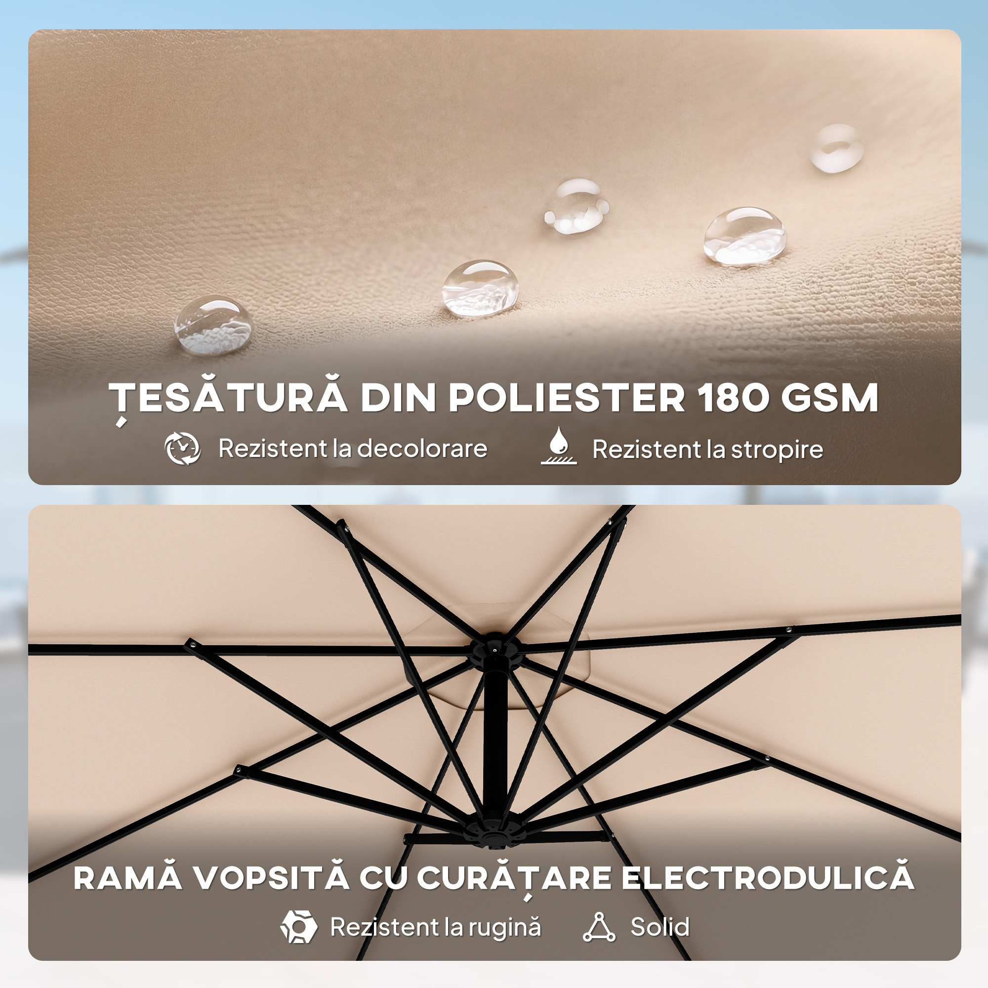  Umbrela Offset Ø3 m cu Baza in Forma de Cruce si Manivela, din Metal, PP si Poliester, Bej [5]