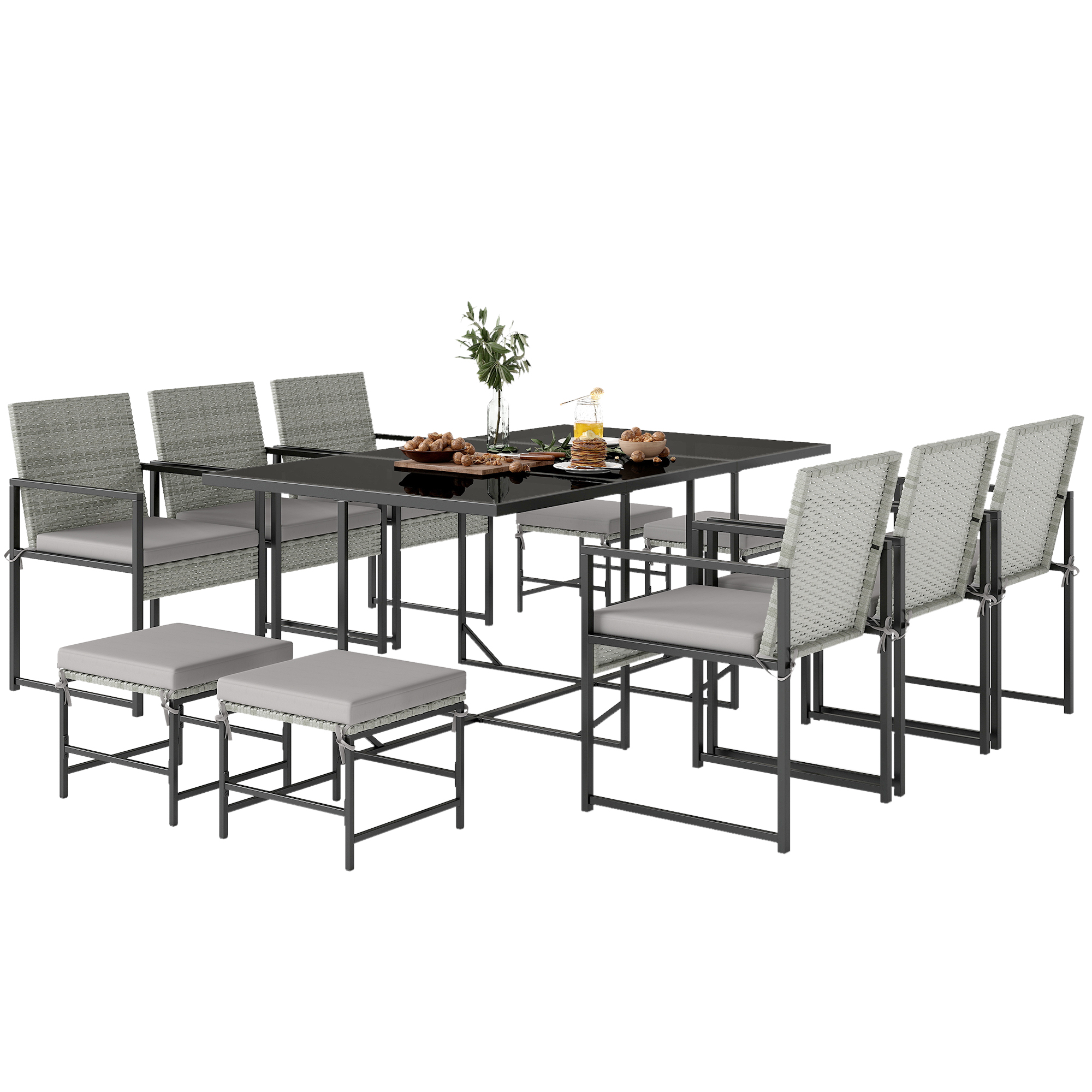  Set de dining pentru patio 11 piese, mobilier exterior cu 6 fotolii, 4 pouf, gri [5]