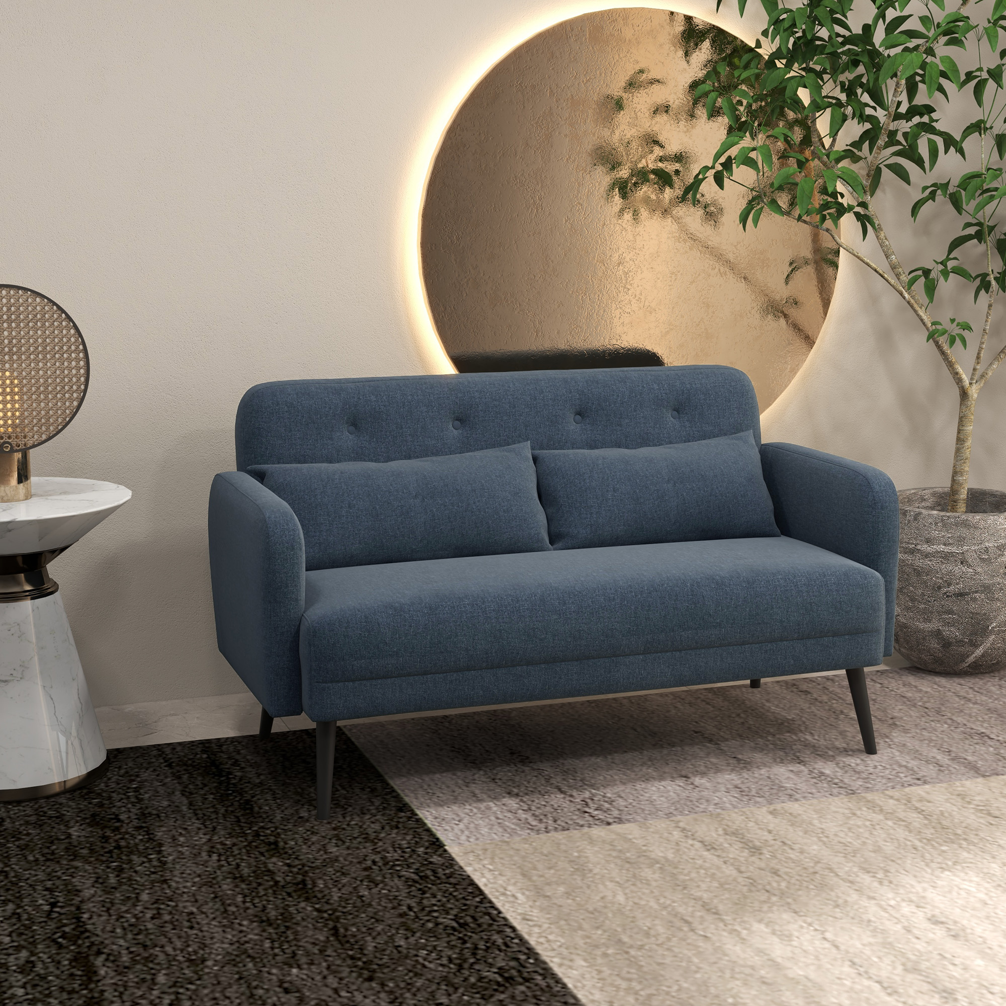  Canapea de 135cm pentru Dormitor, Mobilier Modern pentru Canapele cu Plus, Canapea Capitonata cu 2 Locuri cu Perne Decorative, Cadru din Lemn Masiv, Albastru Inchis [1]