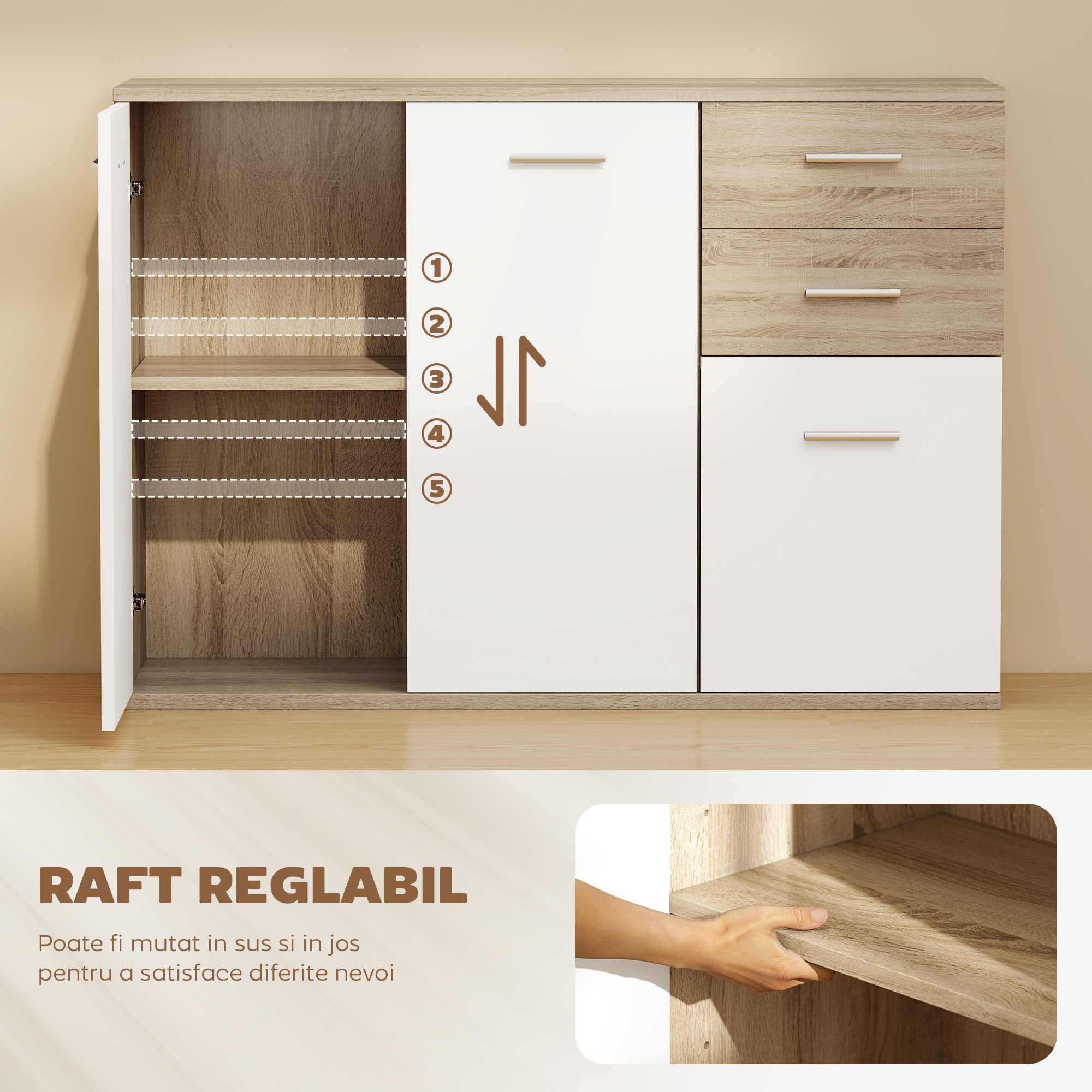  Comoda Moderna cu 3 Dulapuri si 2 Sertare din Lemn, Efect lemn [4]