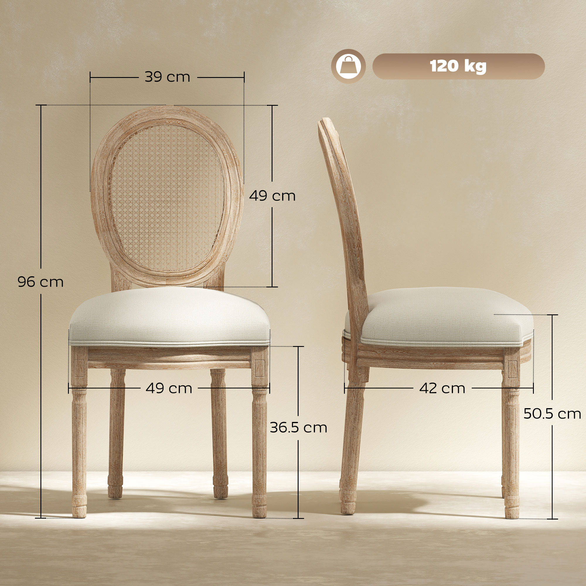  Set 2 Scaune Sufragerie Vintage cu Spatar Perforat 49x56x96cm Alb crem [2]