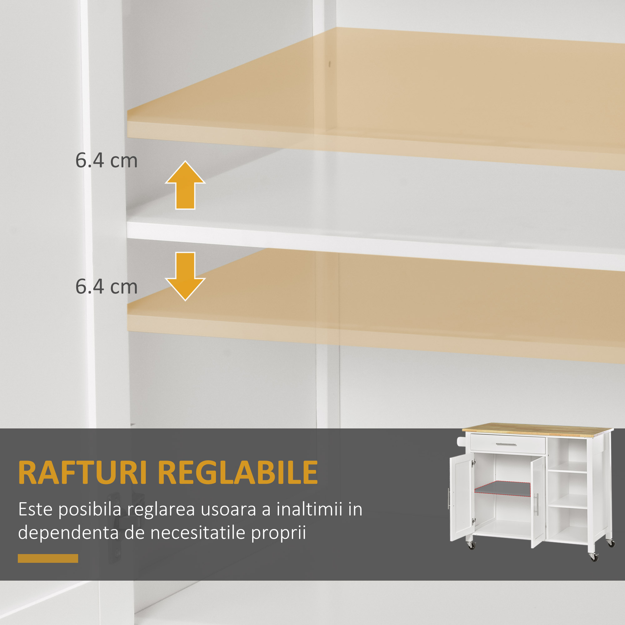  carucior bucatarie cu 4 roti, 3 rafturi, pentru bucatarie si sufragerie,107×48×89 cm, din MDF, Lemn de cauciucalba, alb [3]