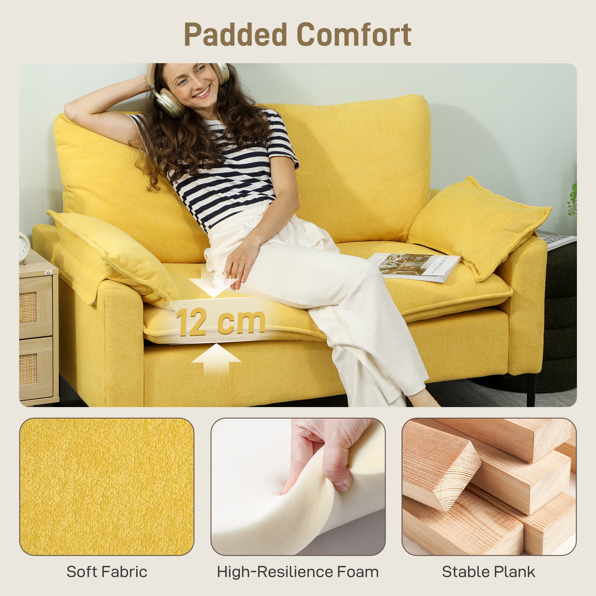  Canapea moderna cu 2 locuri, perne si tapiterie din material textil buretat, 130x77x84 cm, galben [3]