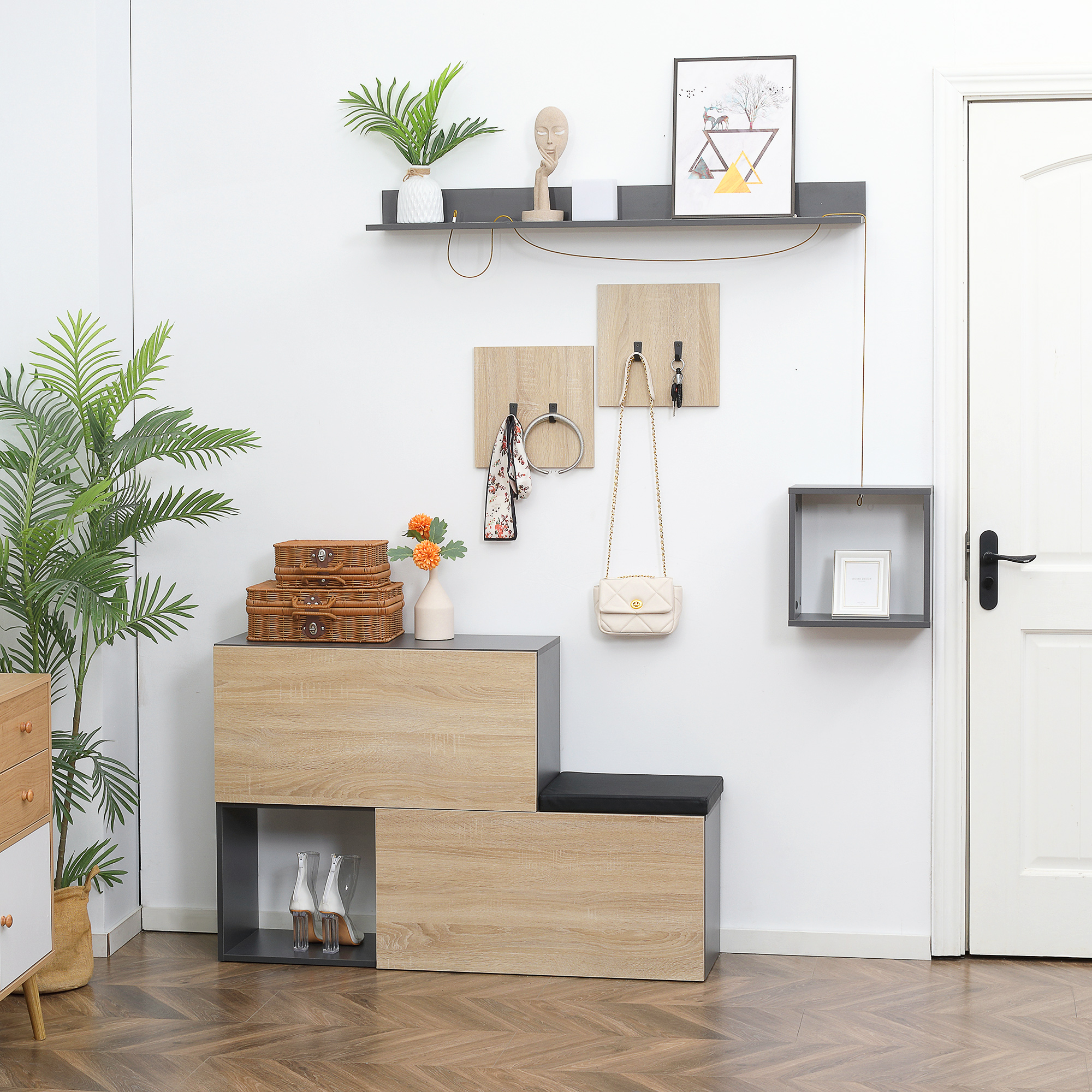  Organizator de intrare cu banca de pantofi, cuier pentru hol cu suport pentru haine si raft, gri si natural [1]