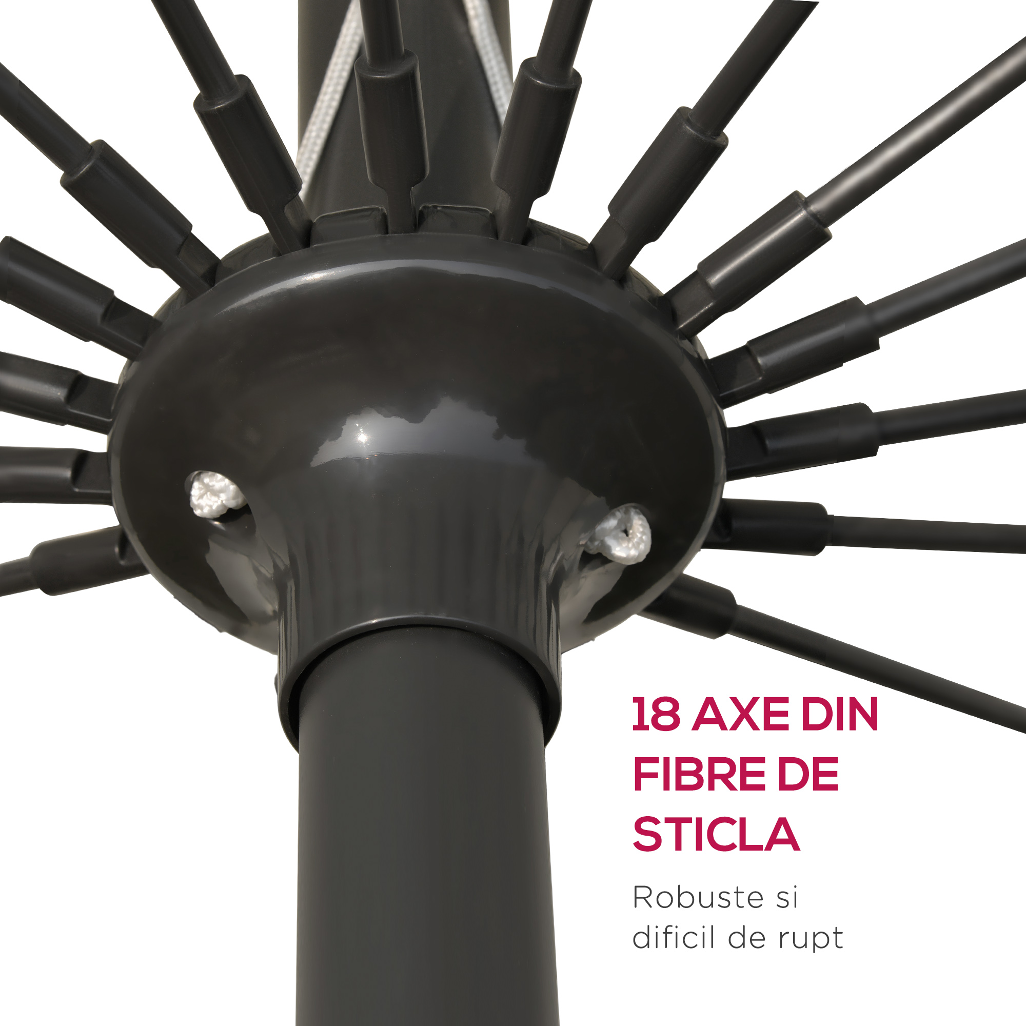  Umbrela Rotunda Pliabila cu 18 Spite si Manivela, din Metal si Poliester, Ø250x240 cm, Rosu Vin [6]