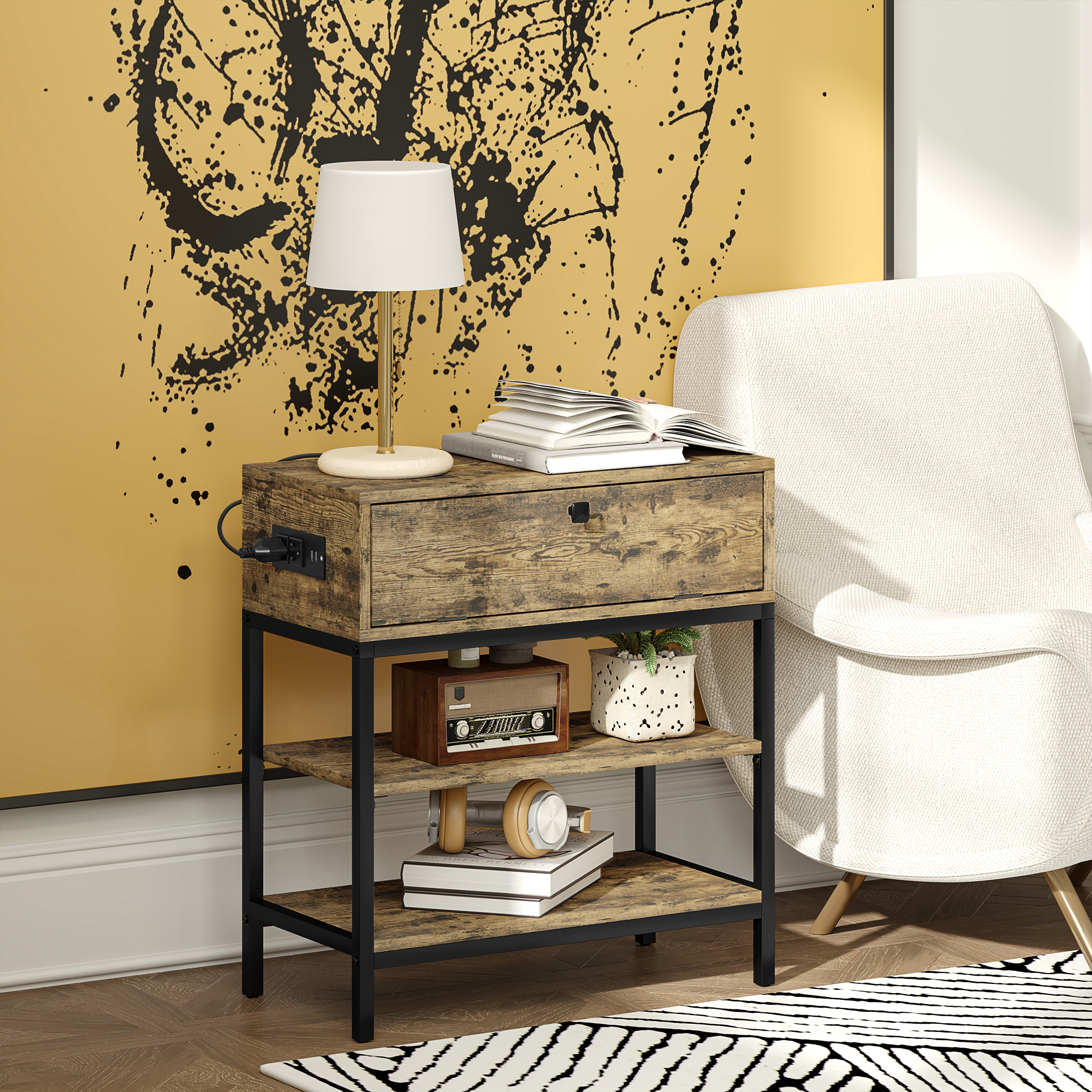  Masuta de Canapea cu Sertar si 2 Rafturi in Stil Industrial, din Lemn si Metal, 60x30x66.5 cm, Negru si Maro [1]