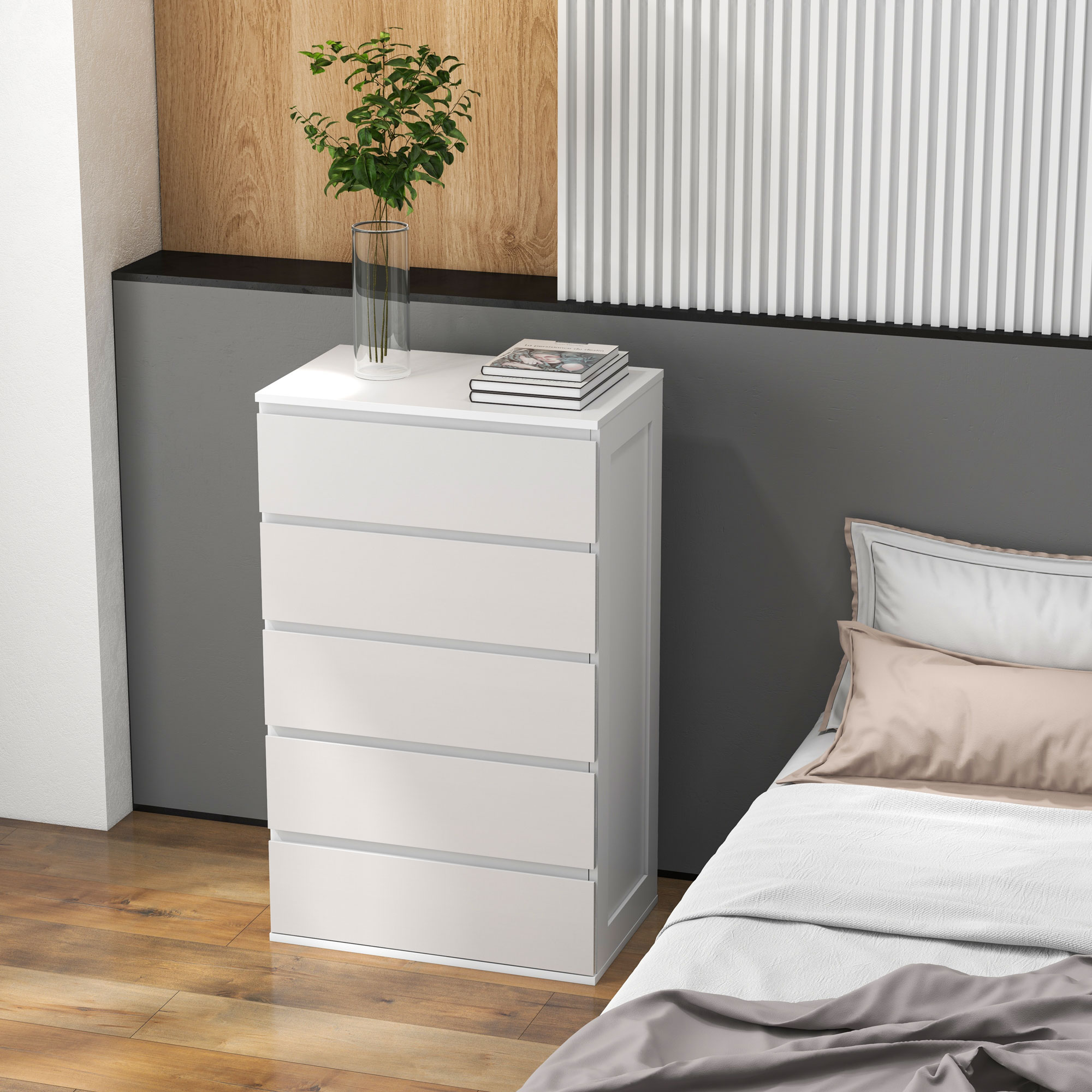  Comoda cu 5 Sertare din Lemn cu Manere Incorporate, 60x38x100 cm, Alb [1]