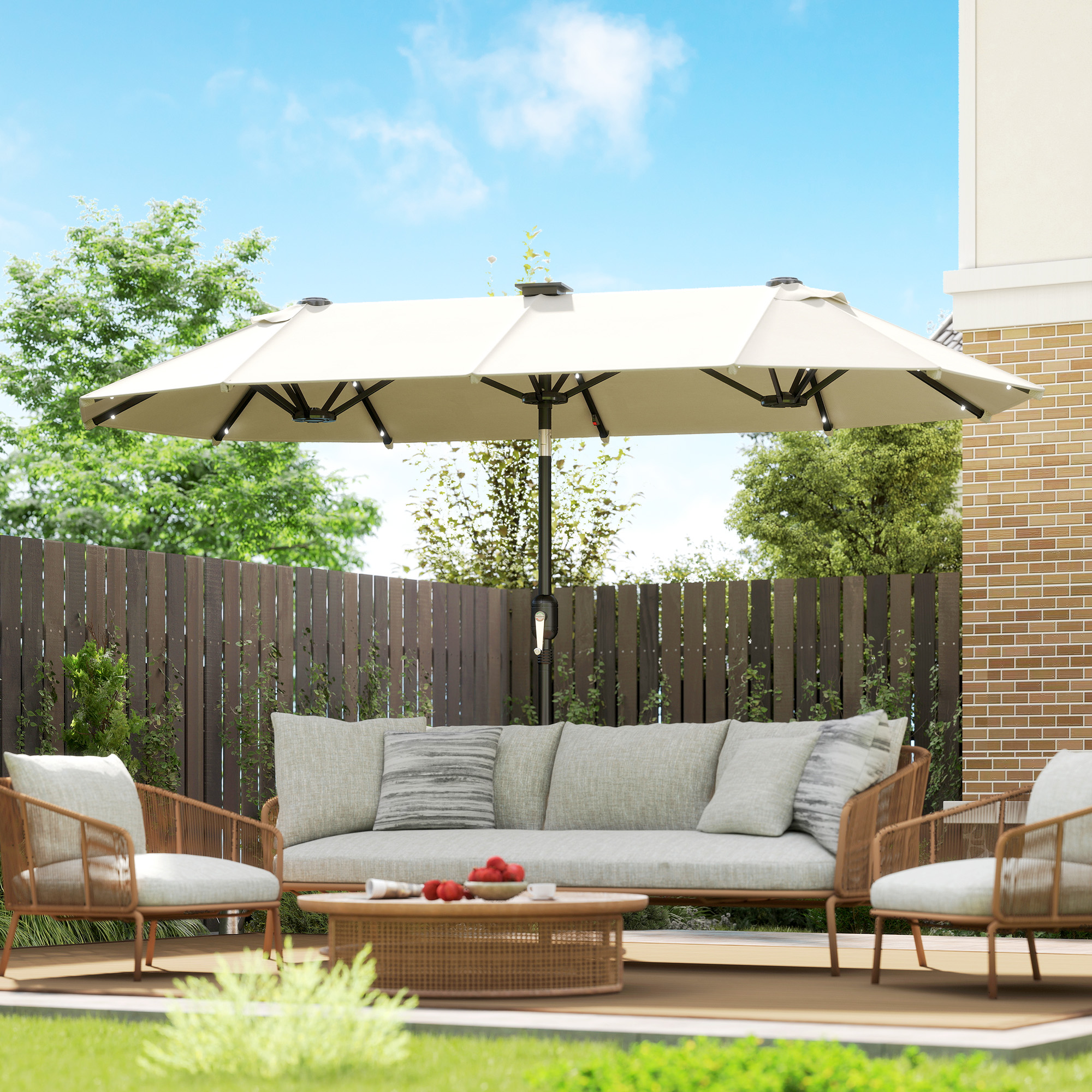  Umbrela Dubla cu Lumini LED si Manivela, din Poliester si Otel, 2.92x1.5x2.2 m, Bej [7]