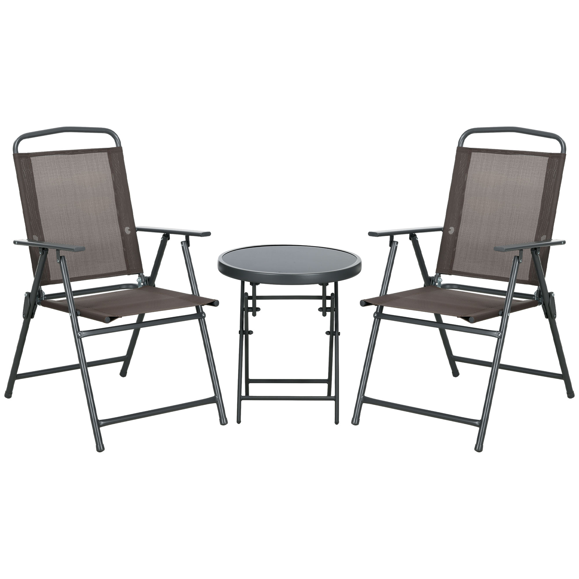 Gradina & balcon -  Set de Gradina 3 Piese cu 2 Scaune Pliabile si Masa Rotunda, Set Mobilier de Exterior din Metal si Sticla, Maro