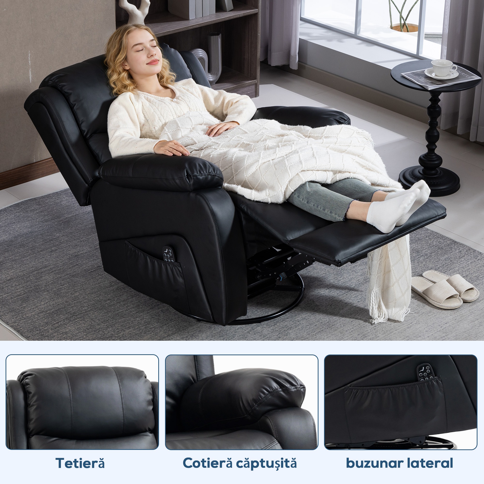  Fotoliu Relax Rabatabil cu 8 Puncte de Masaj, incalzire si Suport pentru Picioare, 87x97X100 cm, Negru [8]