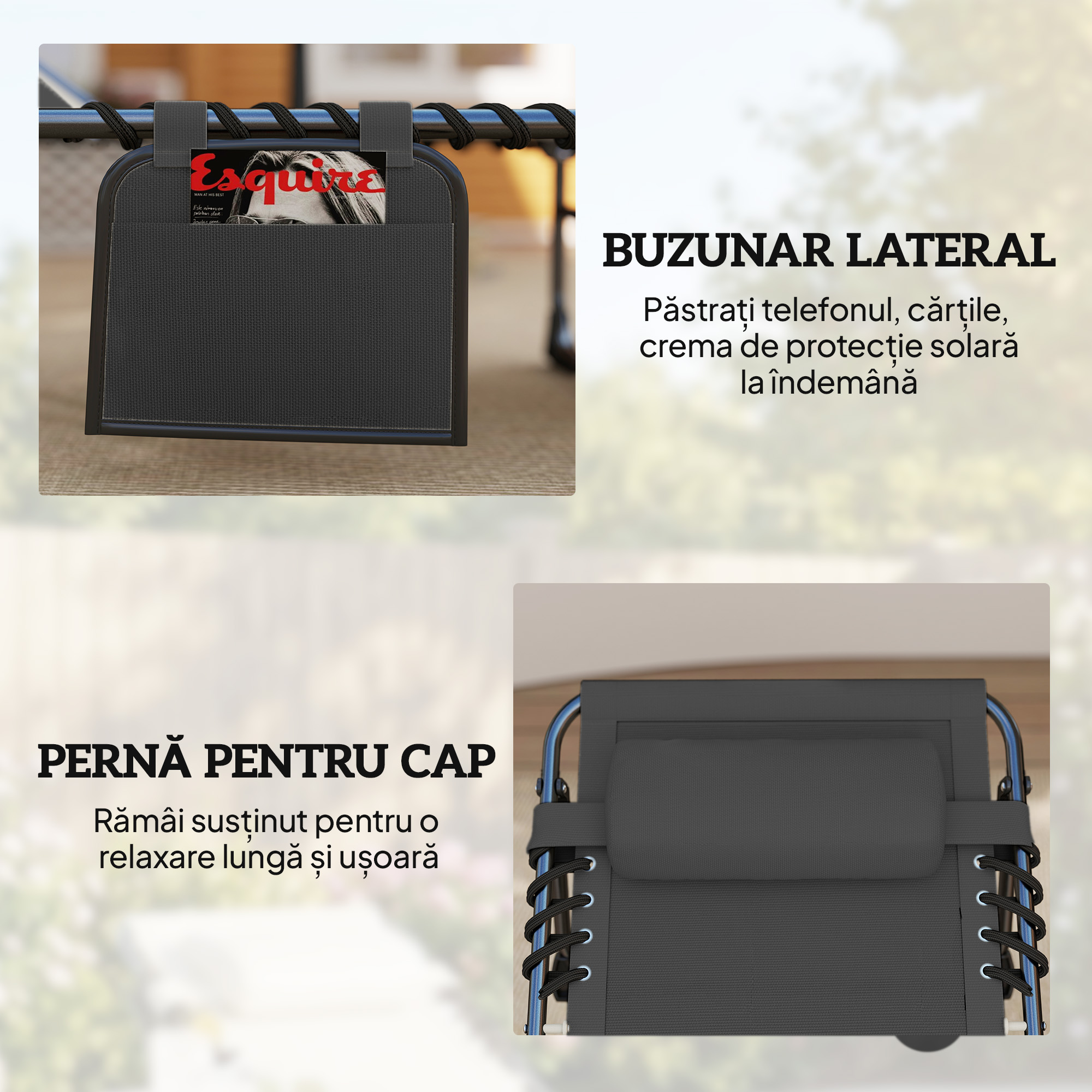  Set de 2 sezlonguri de Gradina Pliabile, Reglabile pe 5 Niveluri, cu Perne, sezlonguri Textilena cu Buzunar Lateral, Maner, pentru Plaja, Piscina, 57x200x38 cm, Negru [6]
