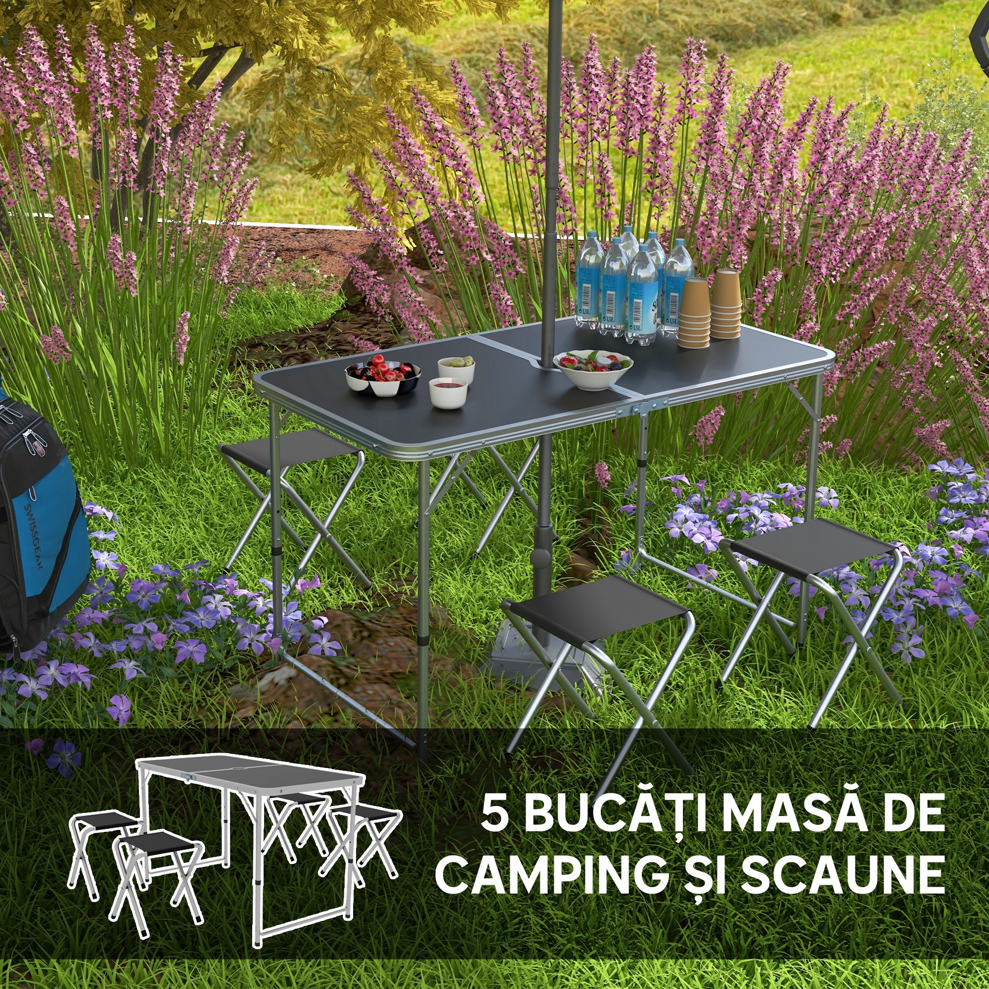  Set masa de camping si masa de picnic pliabila, reglabila, negru [3]