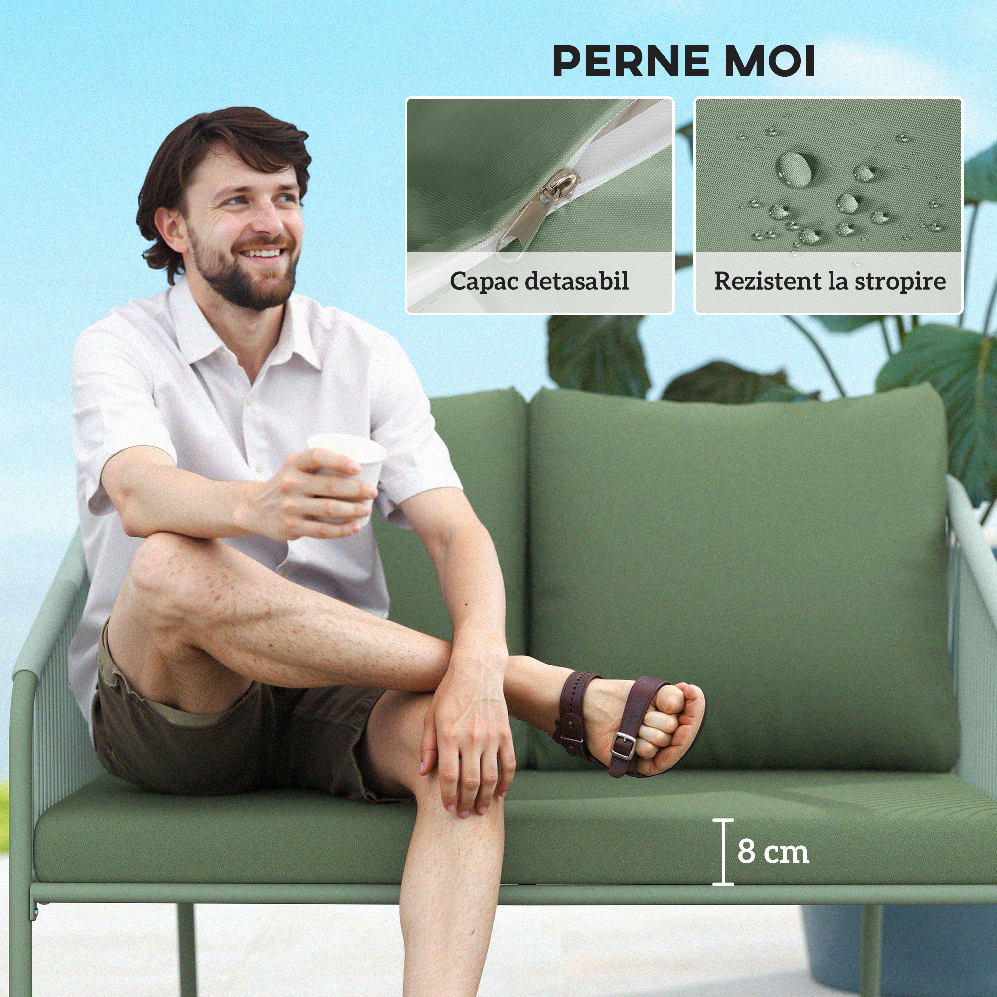  Canapea de Gradina cu 2 Locuri din Ratan PE, Stil Boho, cu Perne Detasabile si Brate, Verde [5]