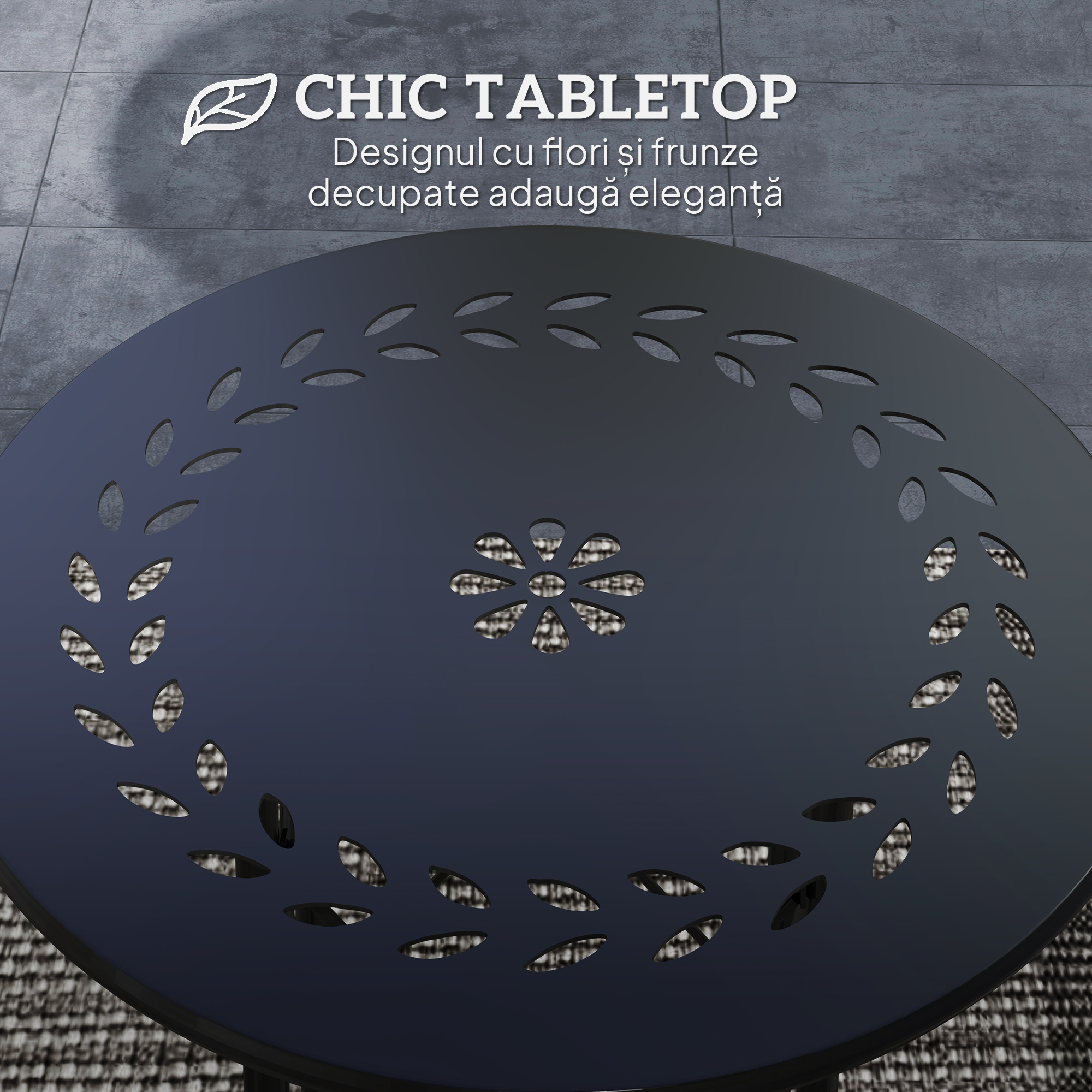  Masuta de Gradina cu Intarsii Florale si Frunze, Masa de Exterior si Interior, Ø40x50 cm, Negru [3]