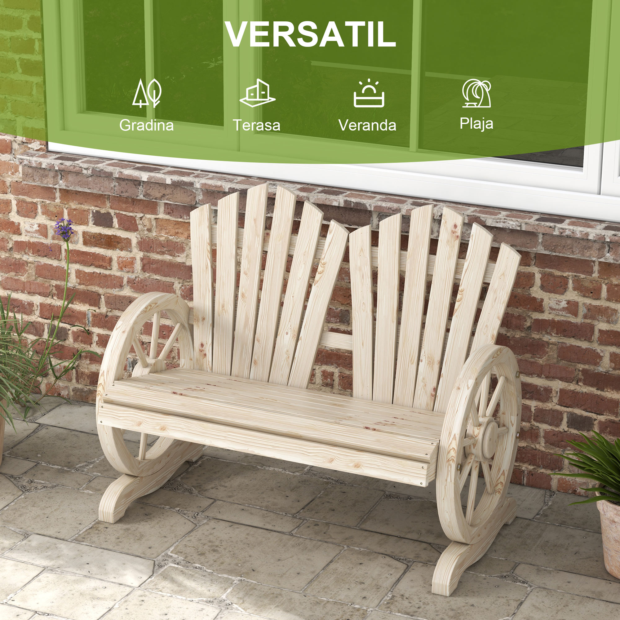  Banca de Gradina cu 2 Locuri, Cotiere in Forma de Roata, Banca de Exterior din Lemn de Brad, pentru Terasa, Patio si Curte, 108x66x95 cm, Culoare Lemn [6]