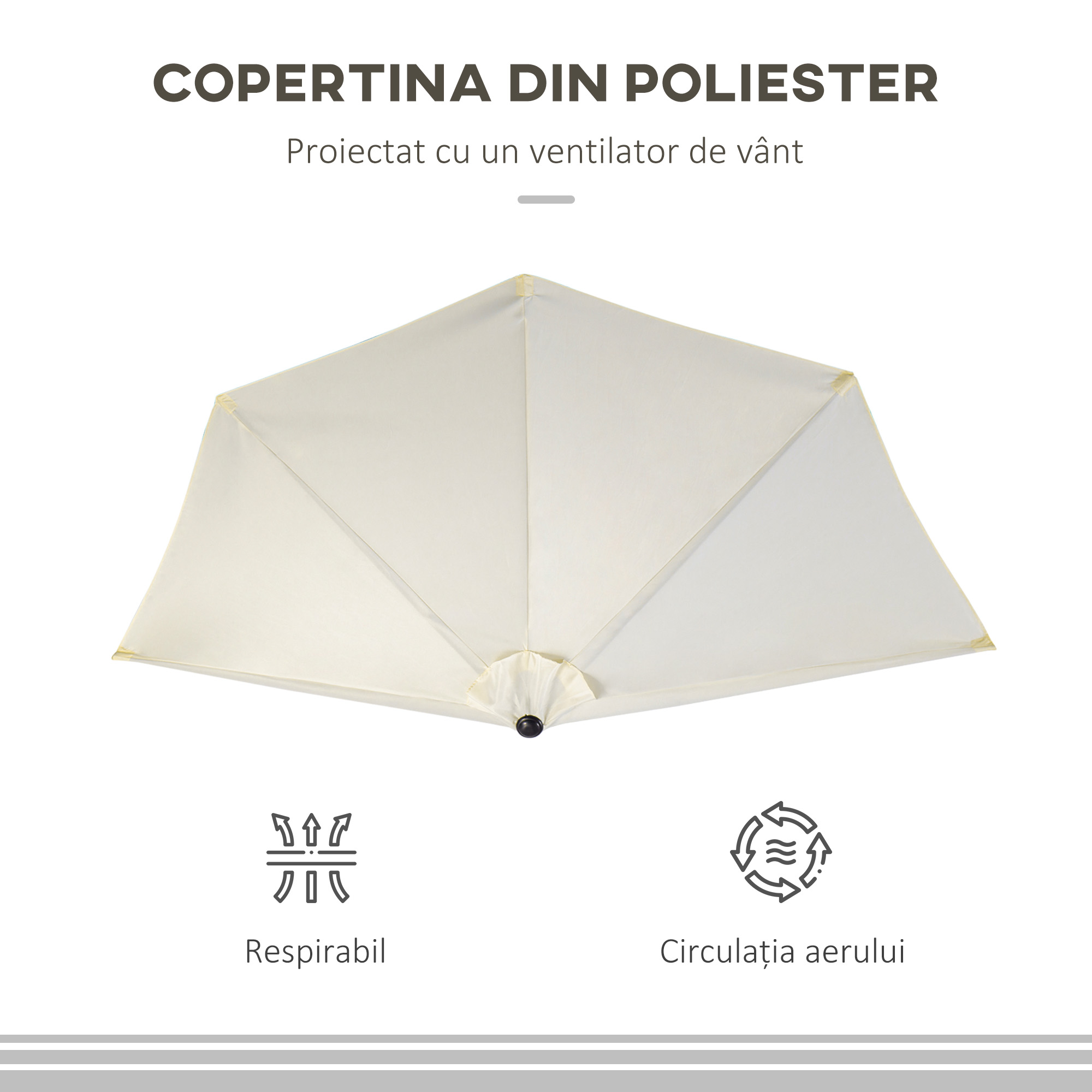  Umbrela de terasa in forma de semiluna cu deschidere manuala si stalp in 2 sectiuni, 2.6 x 1.35 m, bej [6]