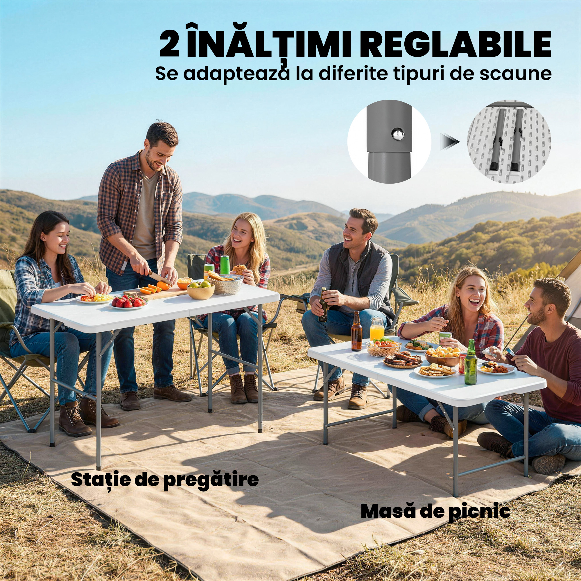  Masa de Camping Pliabila cu 2 inaltimi si Maner, din HDPE, 120x60x74 cm, Alb [5]