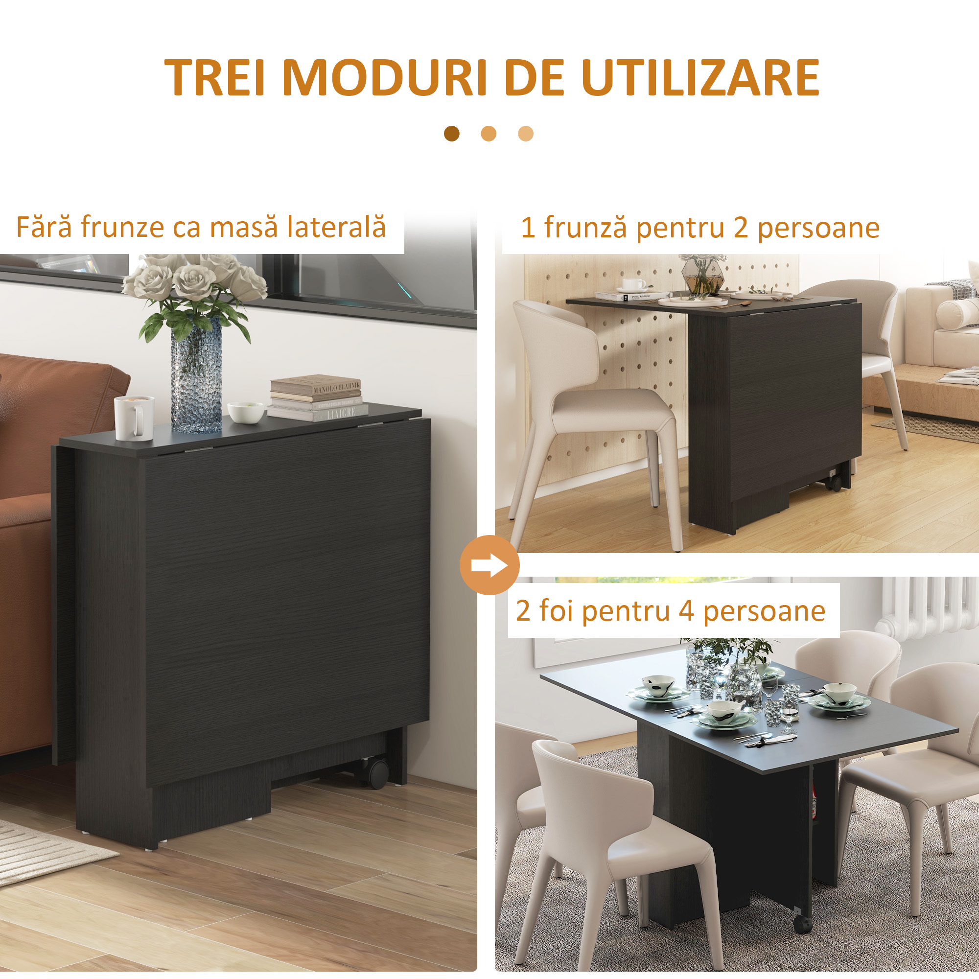  Masa pliabila compacta cu 2 extensii pentru 6 persoane, cu rafturi si roti, negru [3]